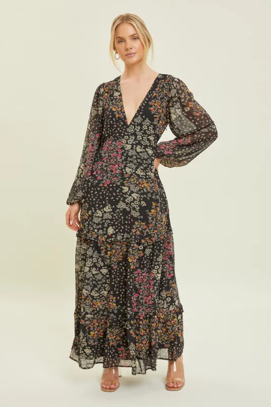 Black Floral Chiffon V-Neck Long Sleeve Maxi Dress sold by Pinkblush