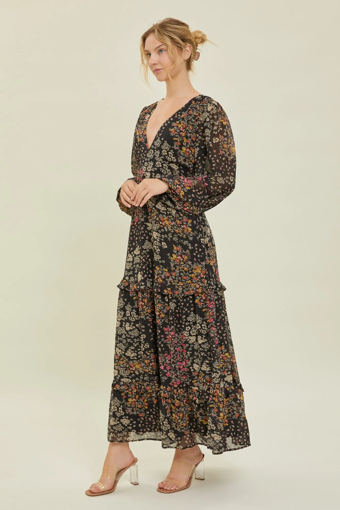Black Floral Chiffon V-Neck Long Sleeve Maxi Dress sold by Pinkblush product image thumbnail 2