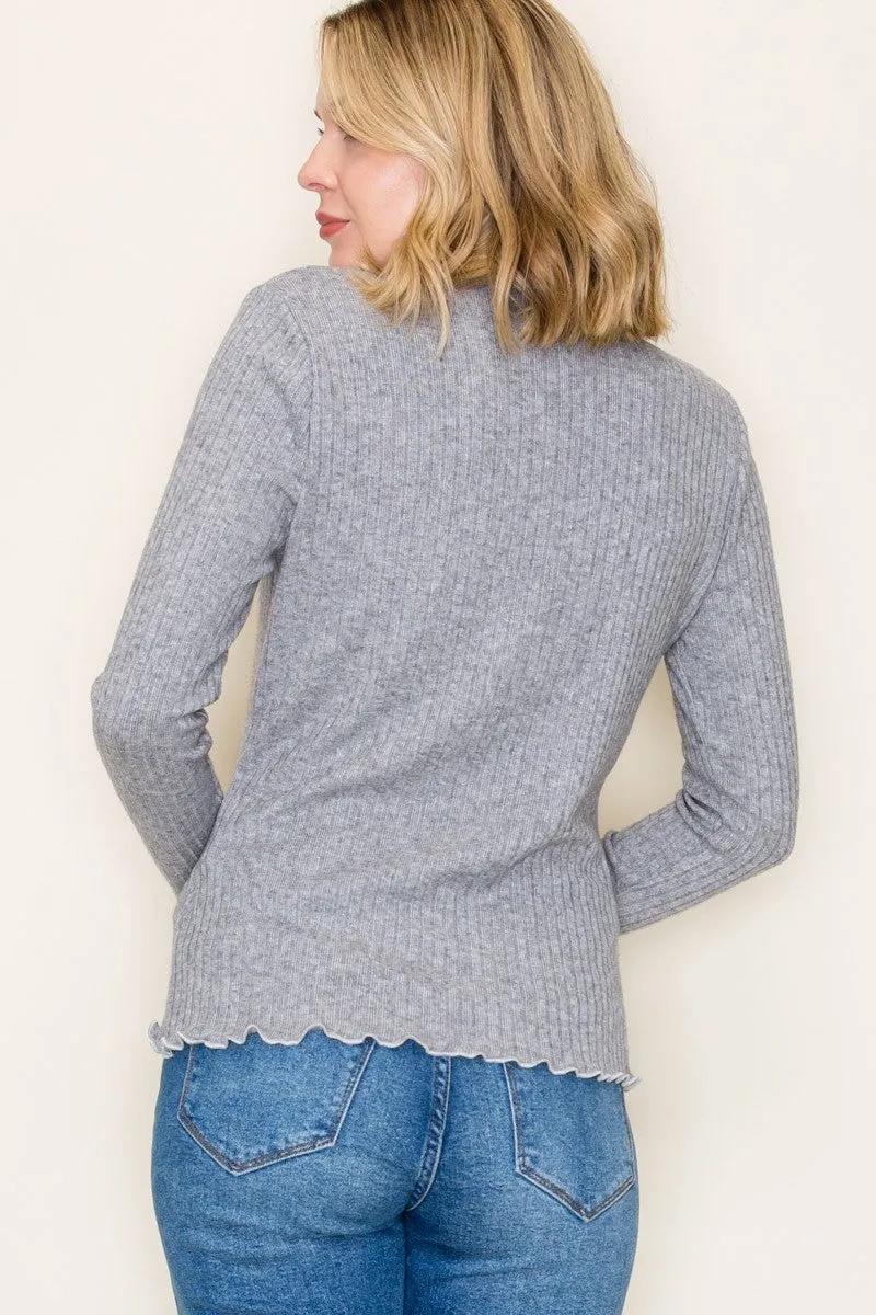 Heather Grey Ribbed Mock Neck Ruffle Hem Long Sleeve Top sold by Pinkblush product image thumbnail 4