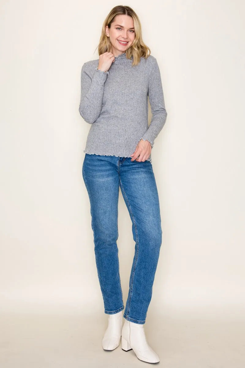 Heather Grey Ribbed Mock Neck Ruffle Hem Long Sleeve Top sold by Pinkblush product image thumbnail 5