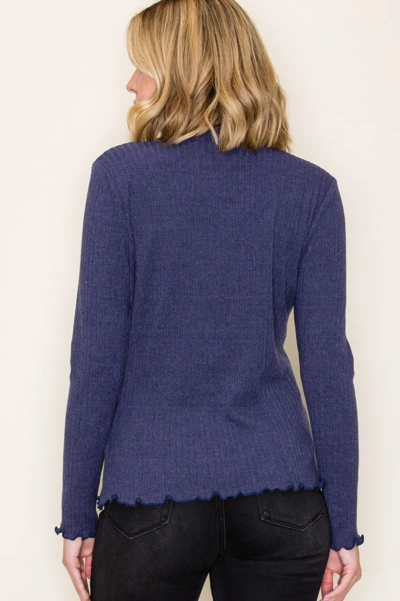 Navy Ribbed Mock Neck Ruffle Hem Long Sleeve Top sold by Pinkblush product image thumbnail 4