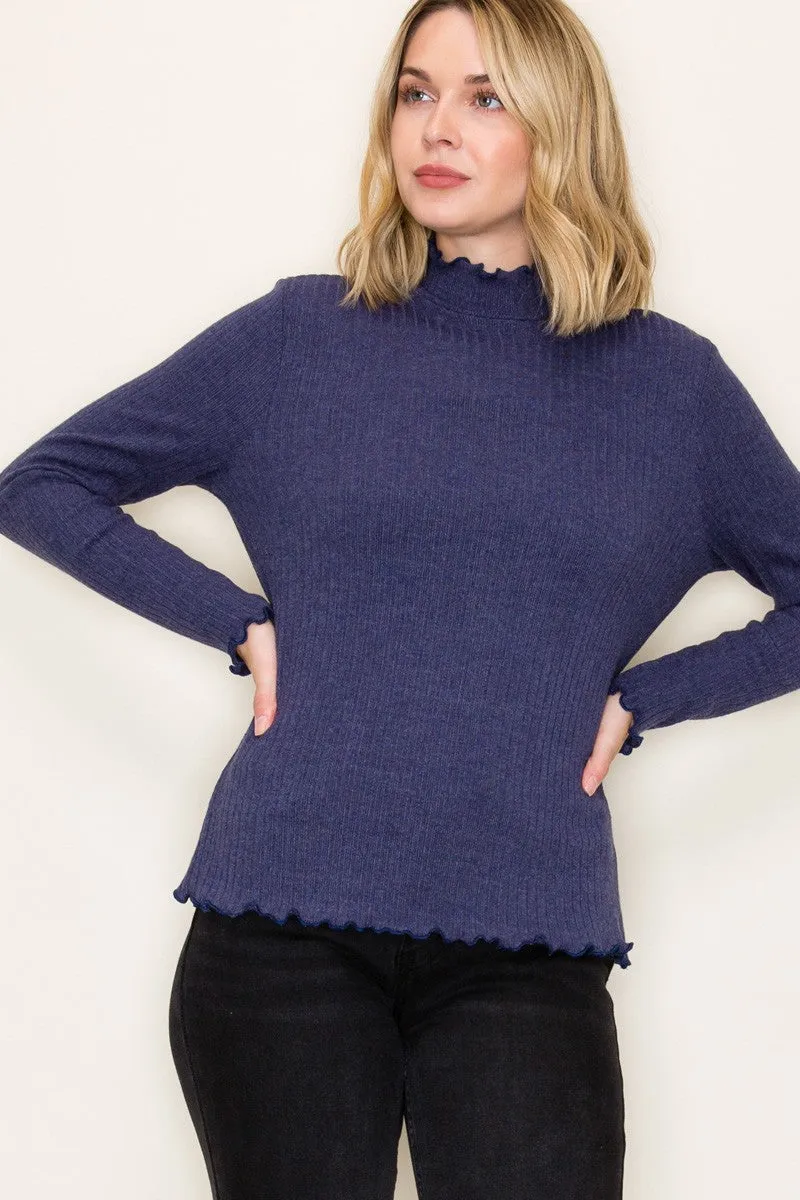 Navy Ribbed Mock Neck Ruffle Hem Long Sleeve Top sold by Pinkblush product image thumbnail 2