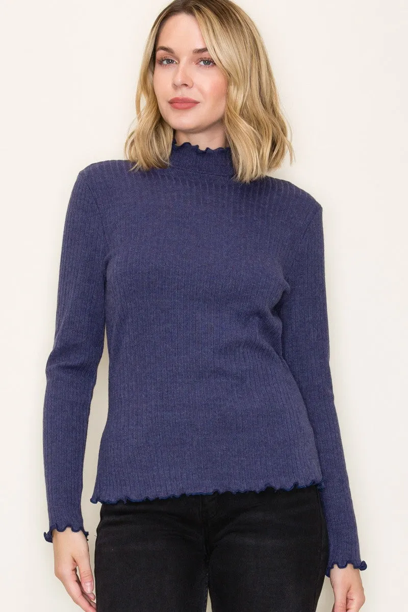 Navy Ribbed Mock Neck Ruffle Hem Long Sleeve Top sold by Pinkblush product image thumbnail 3