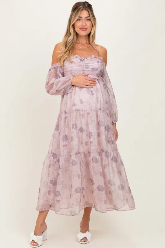 Light Pink Floral Off Shoulder Long Sleeve Tiered Maternity Maxi Dress sold by Pinkblush