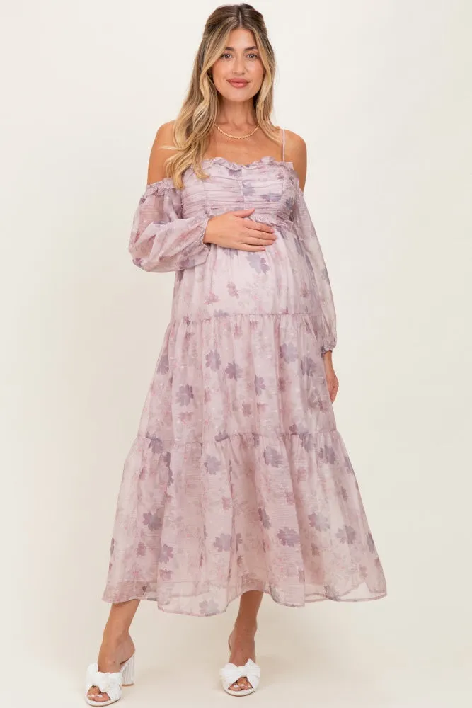 Light Pink Floral Off Shoulder Long Sleeve Tiered Maternity Maxi Dress sold by Pinkblush
