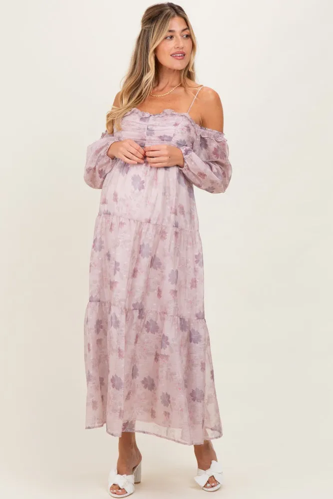 Light Pink Floral Off Shoulder Long Sleeve Tiered Maternity Maxi Dress sold by Pinkblush product image thumbnail 2