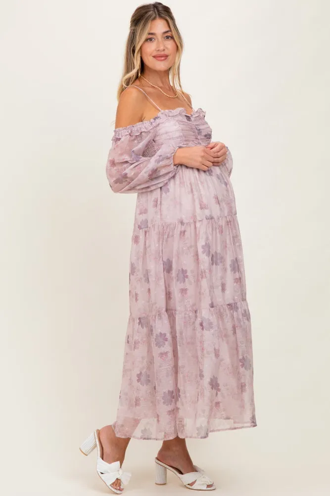 Light Pink Floral Off Shoulder Long Sleeve Tiered Maternity Maxi Dress sold by Pinkblush product image thumbnail 3