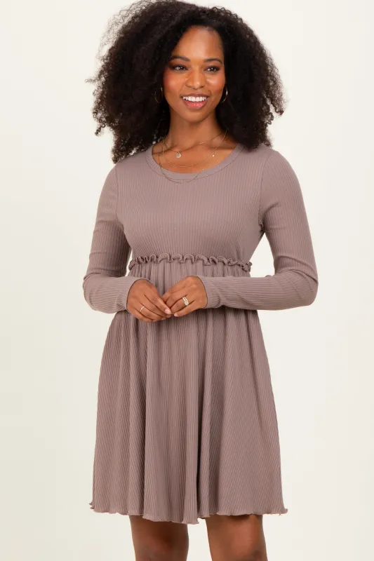 Mocha Solid Ribbed Long Sleeve Crewneck Shirring Mini Dress sold by Pinkblush