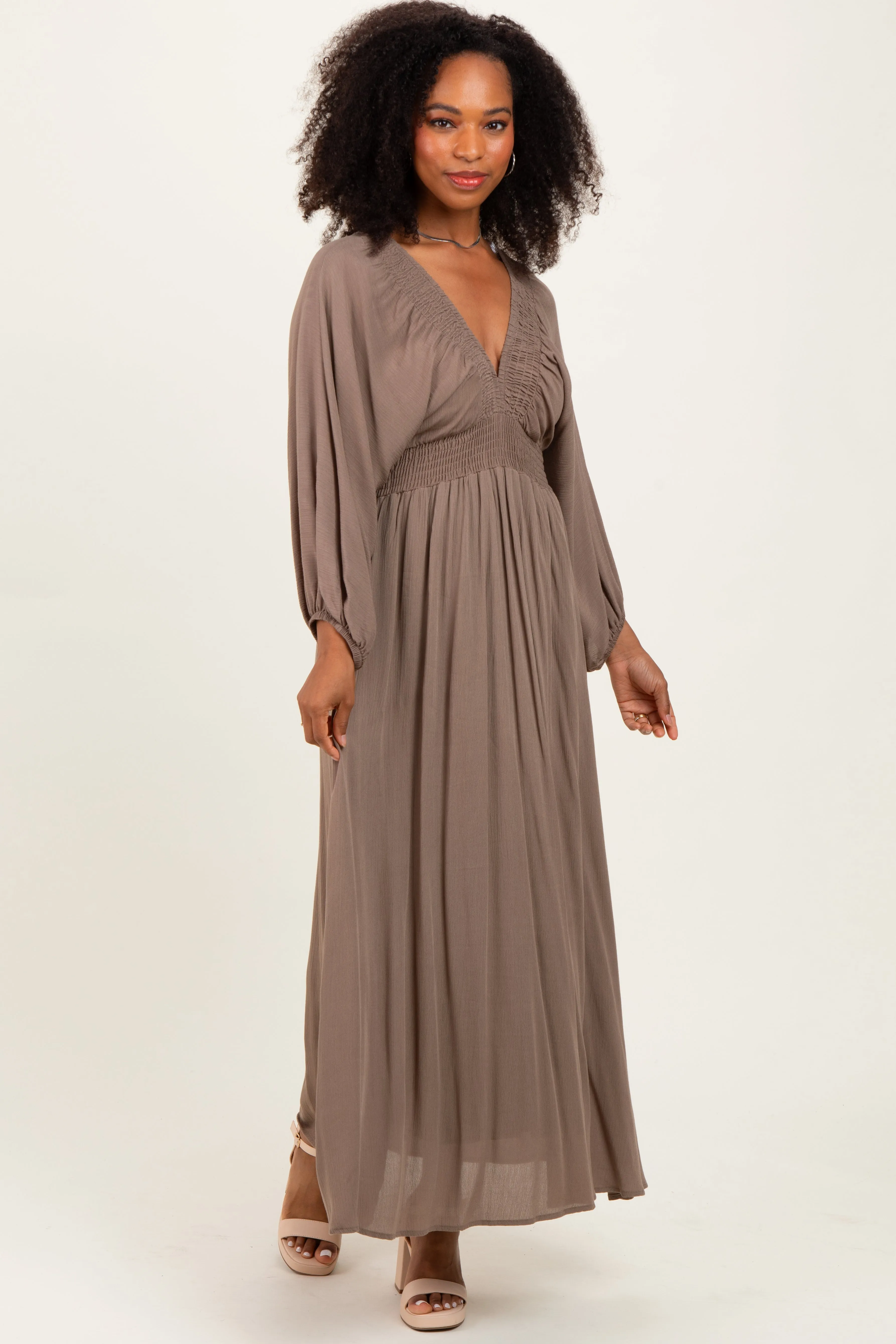 Mocha Solid Long Sleeve V-Neck Smocked Detail Maxi Dress sold by Pinkblush product image thumbnail 2