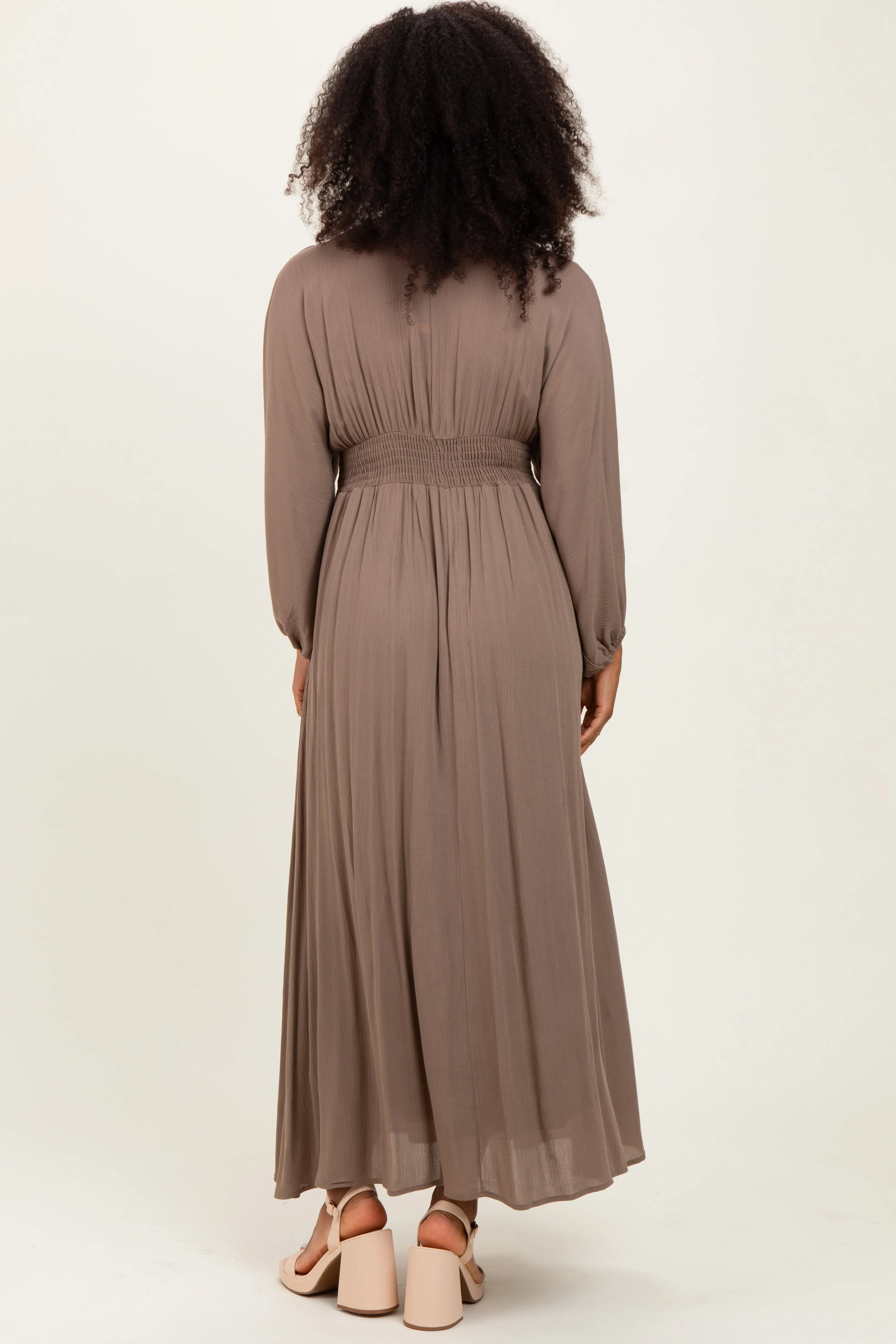 Mocha Solid Long Sleeve V-Neck Smocked Detail Maxi Dress sold by Pinkblush product image thumbnail 3