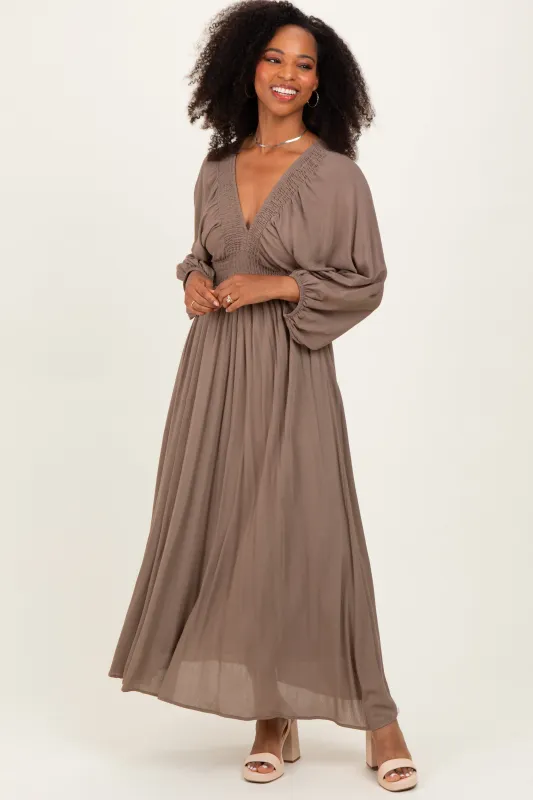 Mocha Solid Long Sleeve V-Neck Smocked Detail Maxi Dress sold by Pinkblush