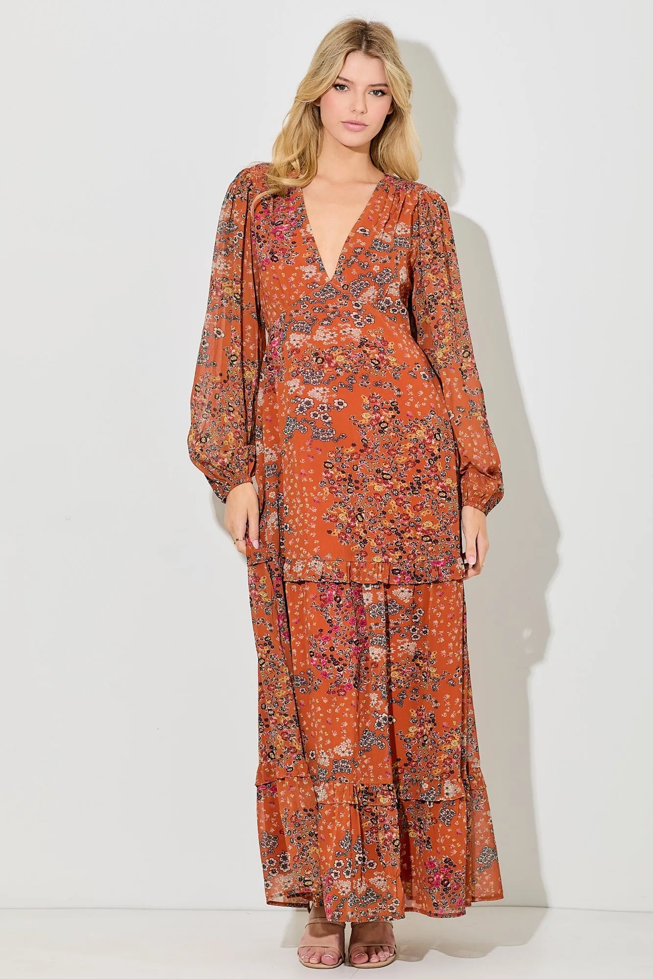 Orange Floral Chiffon V-Neck Long Sleeve Maxi Dress sold by Pinkblush