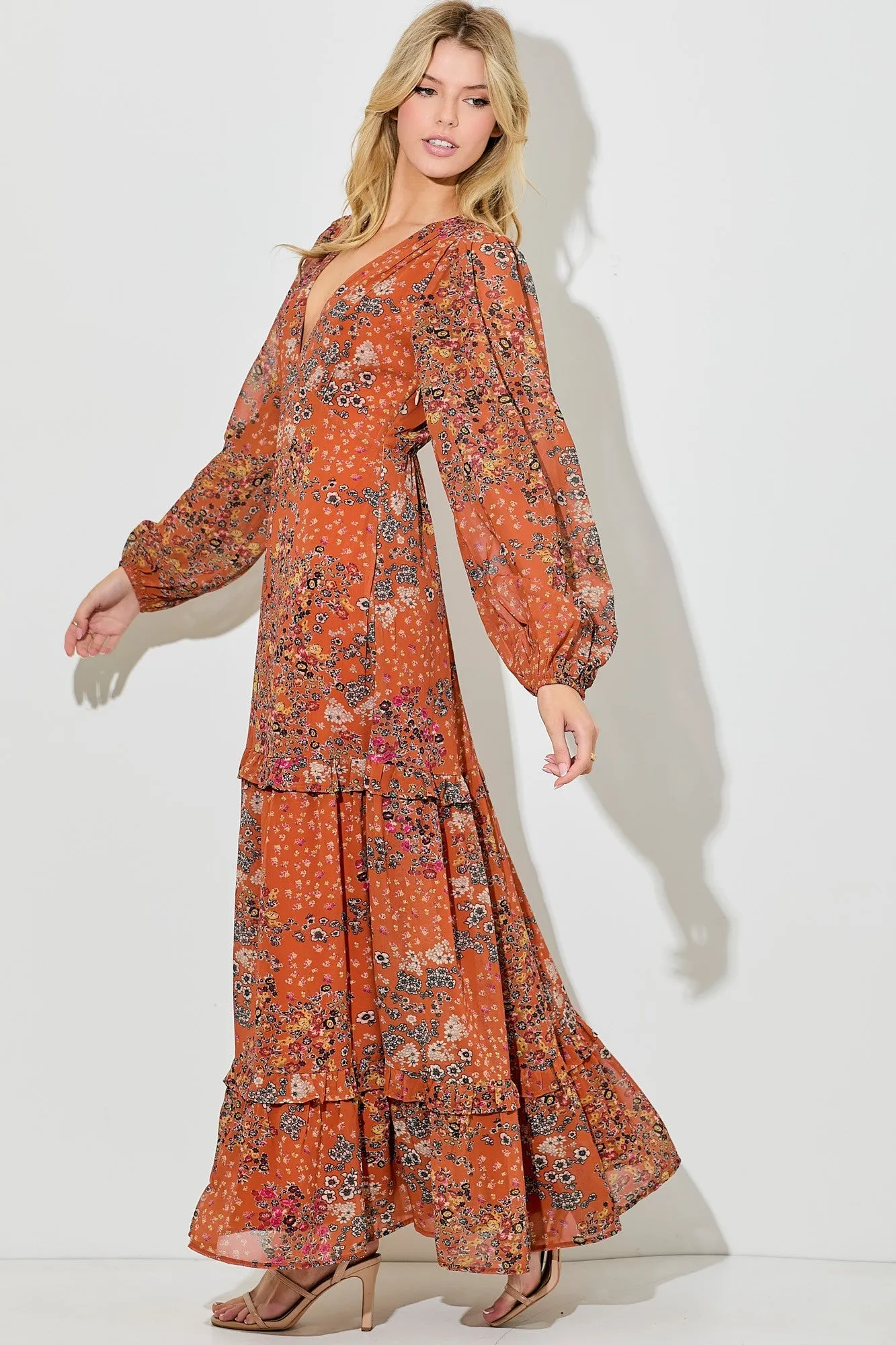 Orange Floral Chiffon V-Neck Long Sleeve Maxi Dress sold by Pinkblush product image thumbnail 2