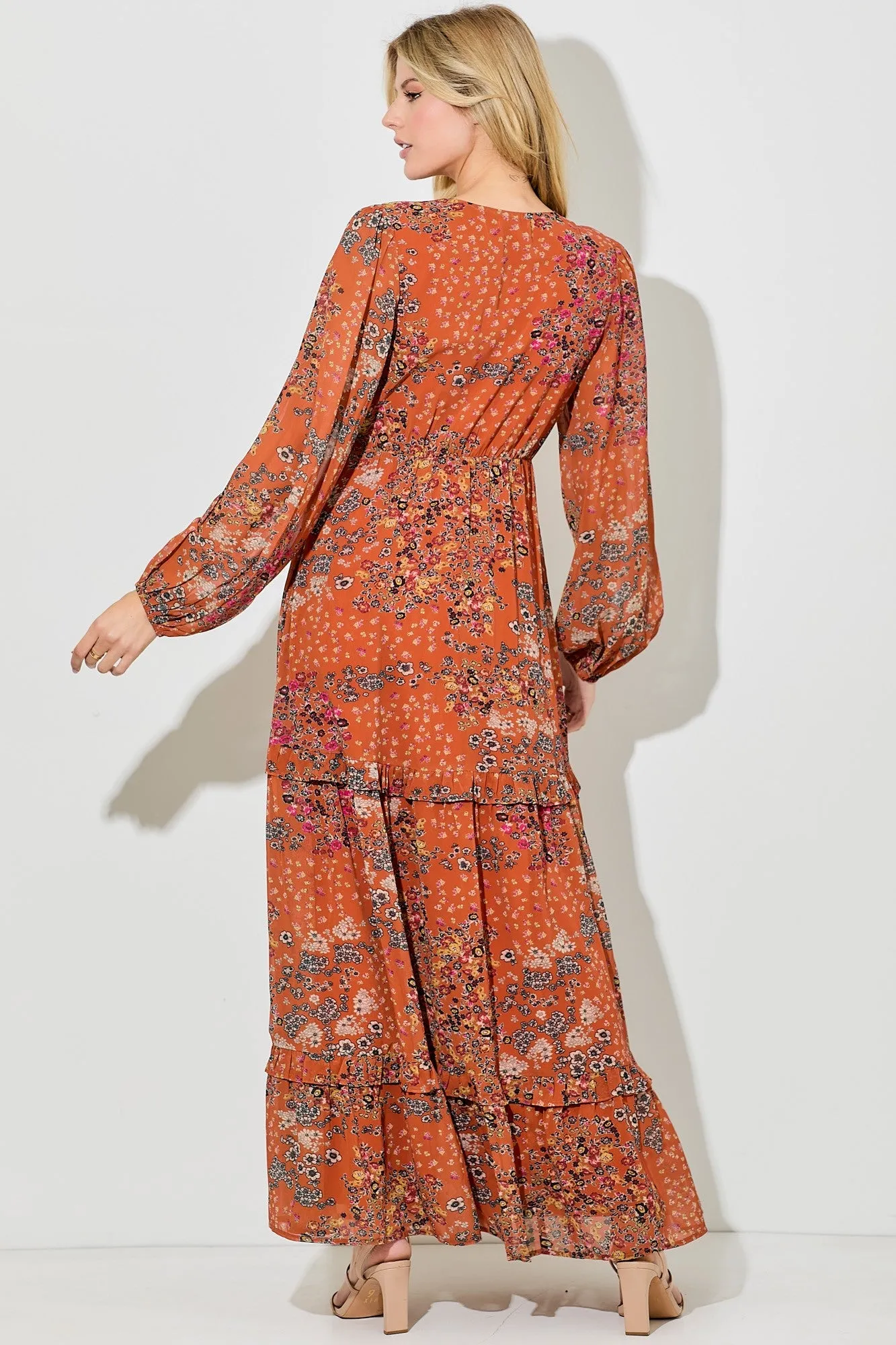 Orange Floral Chiffon V-Neck Long Sleeve Maxi Dress sold by Pinkblush product image thumbnail 3