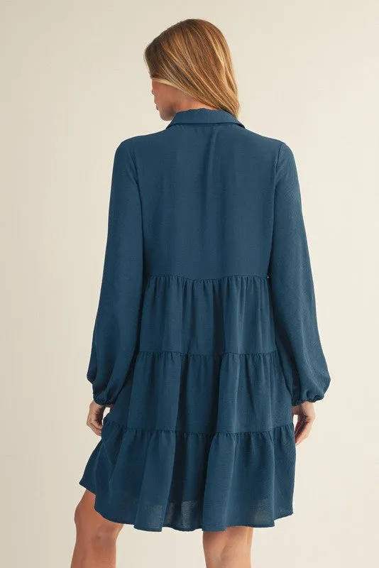 Dark Teal Tiered Back Detail Button Down Dress sold by Pinkblush product image thumbnail 3