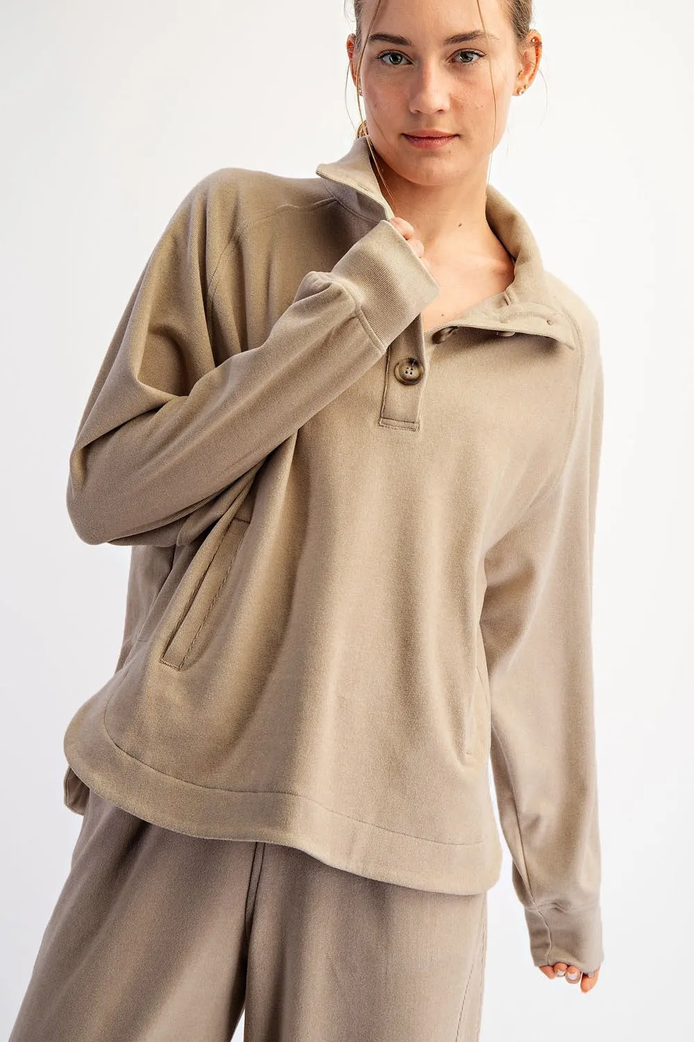 Taupe Brushed Knit Button Collar Pullover sold by Pinkblush product image thumbnail 3