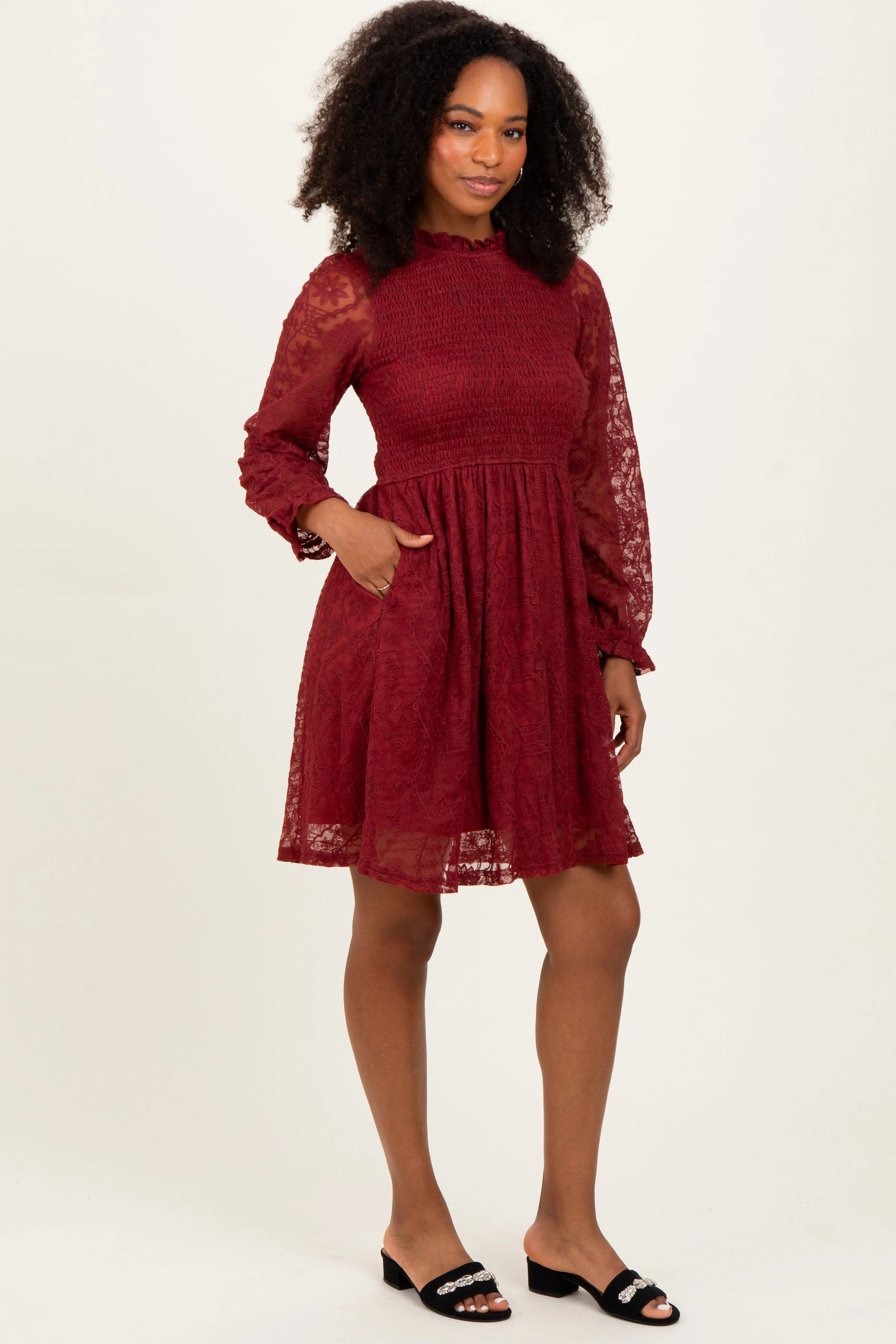 Red Lace Smocked Long Sleeve Dress sold by Pinkblush product image thumbnail 2