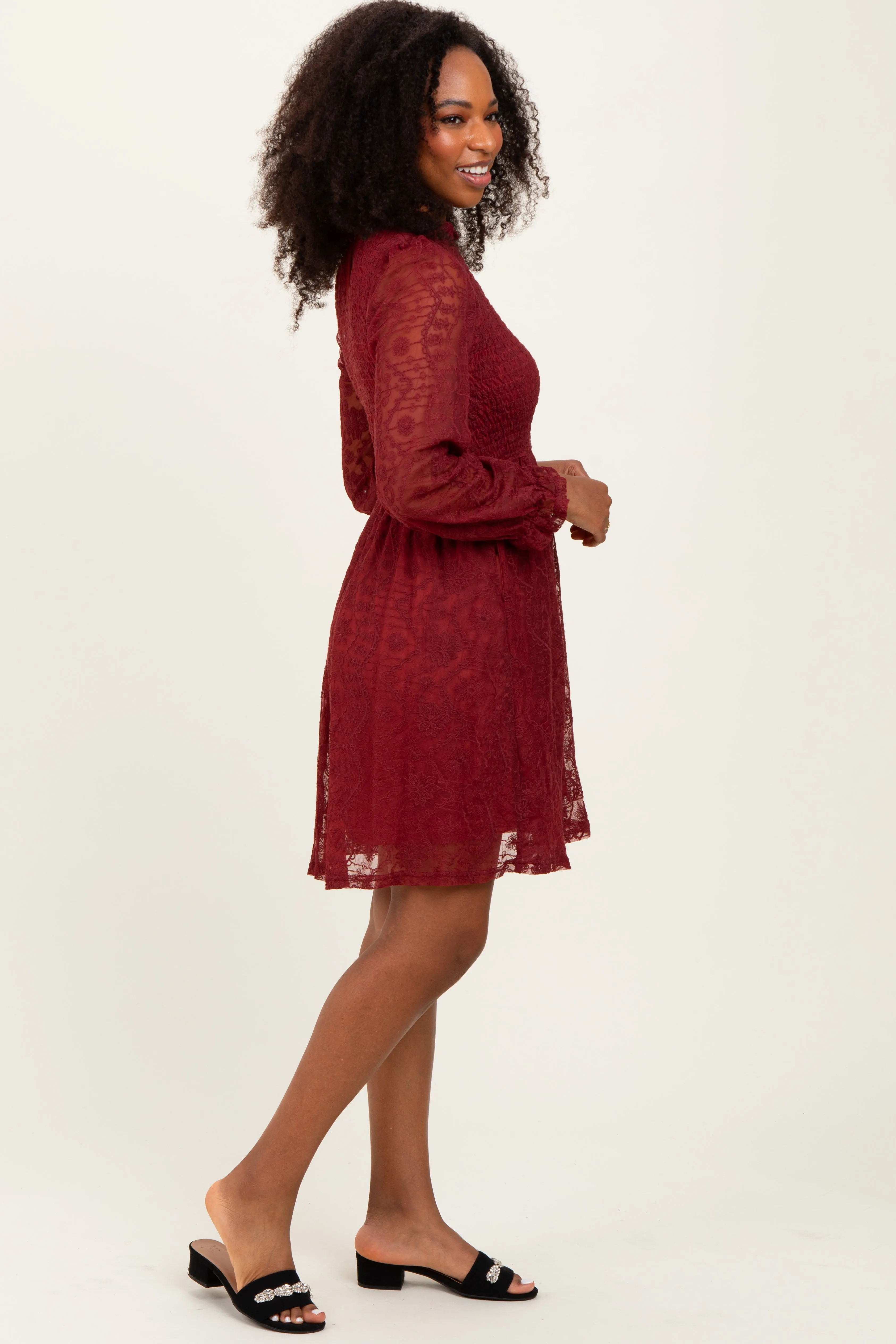 Red Lace Smocked Long Sleeve Dress sold by Pinkblush product image thumbnail 3