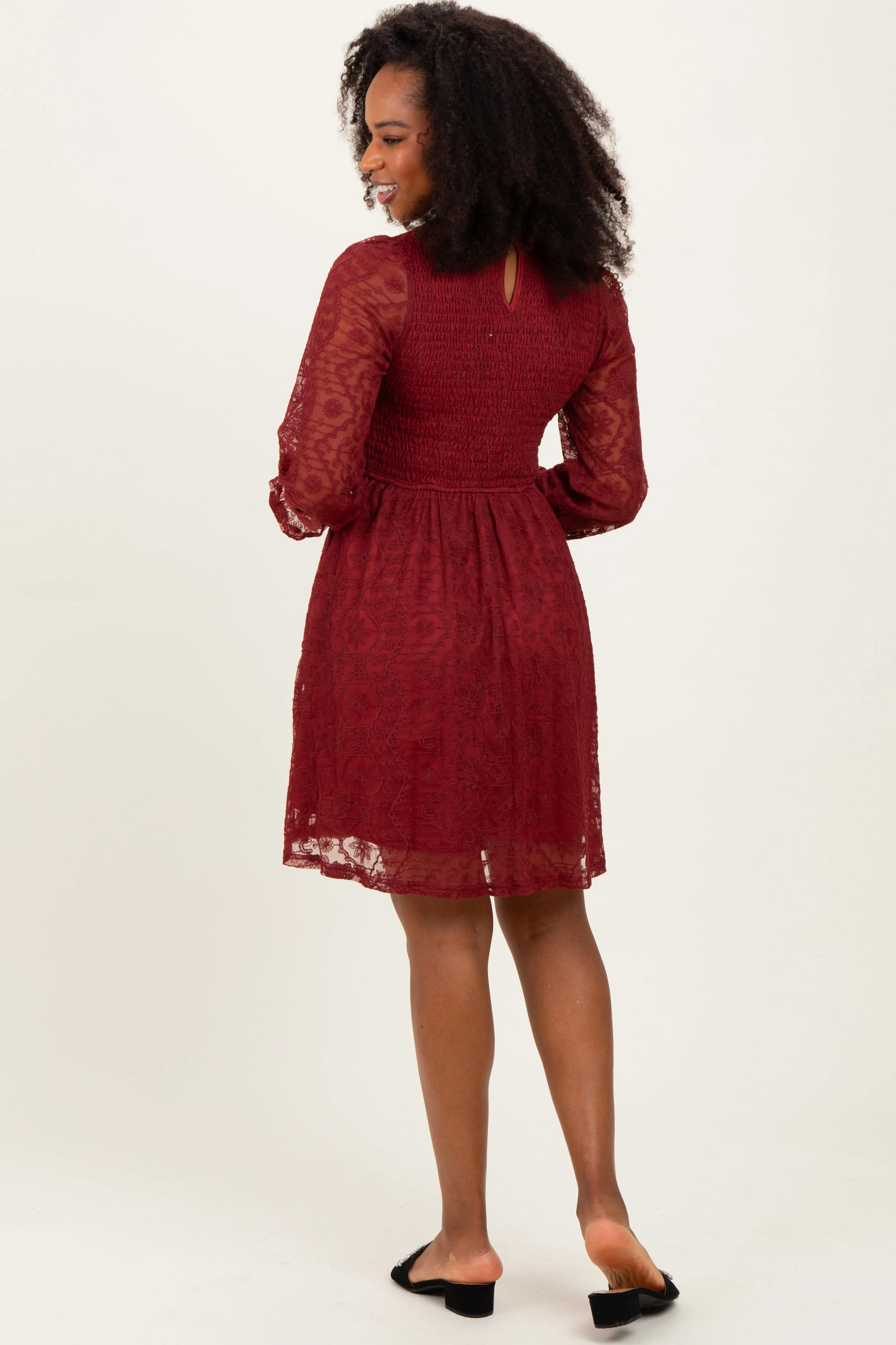 Red Lace Smocked Long Sleeve Dress sold by Pinkblush product image thumbnail 4