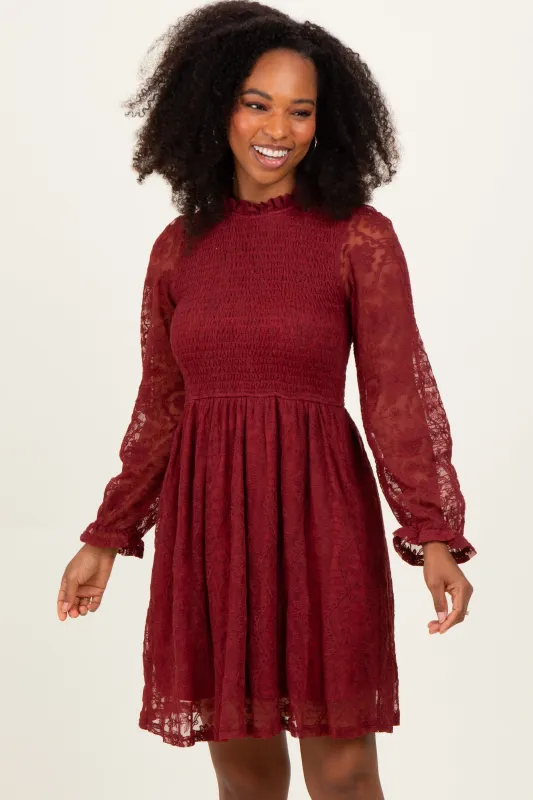 Red Lace Smocked Long Sleeve Dress sold by Pinkblush