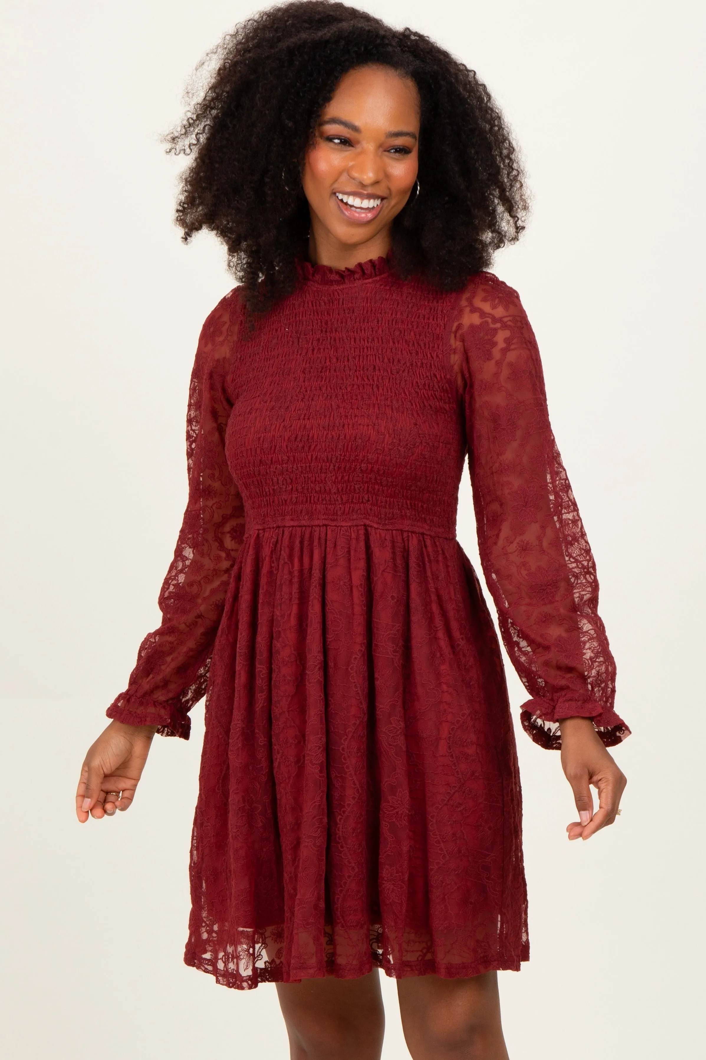 Red Lace Smocked Long Sleeve Dress sold by Pinkblush