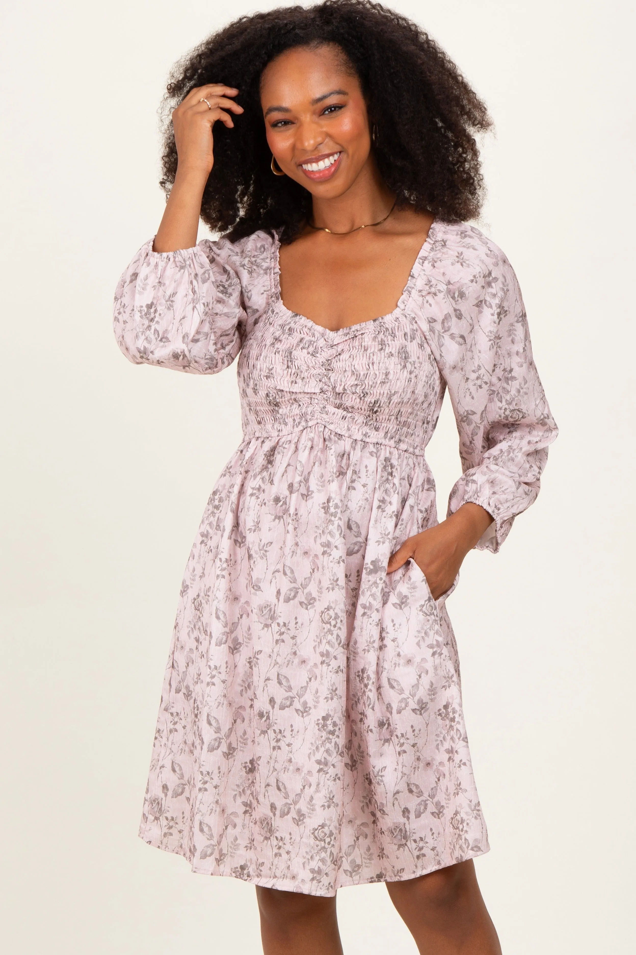 Pink Floral Sweetheart Neck Smocked Dress sold by Pinkblush product image thumbnail 4