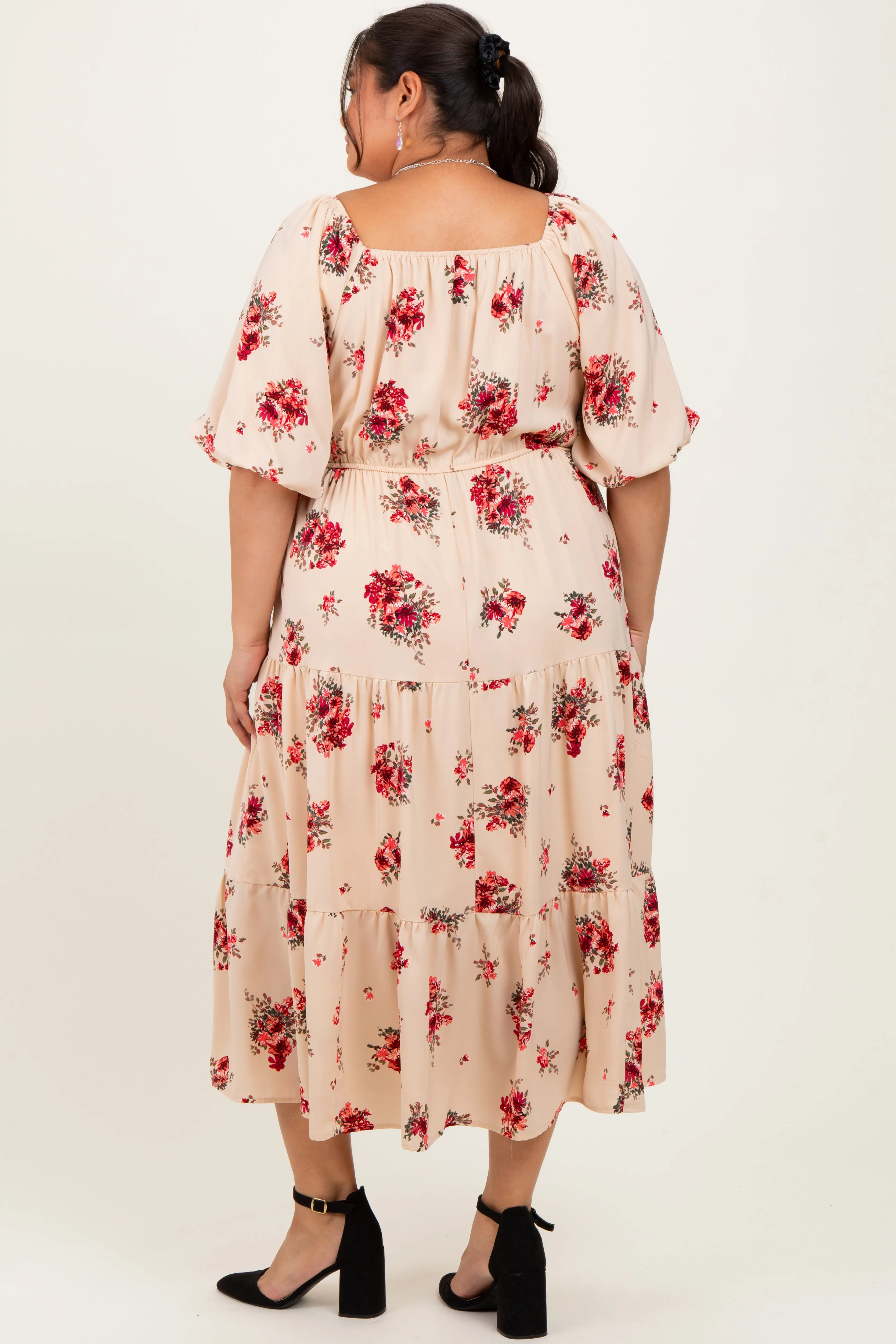 Cream Floral Puff Sleeve Plus Tiered Maxi Dress sold by Pinkblush product image thumbnail 4