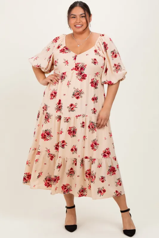 Cream Floral Puff Sleeve Plus Tiered Maxi Dress sold by Pinkblush