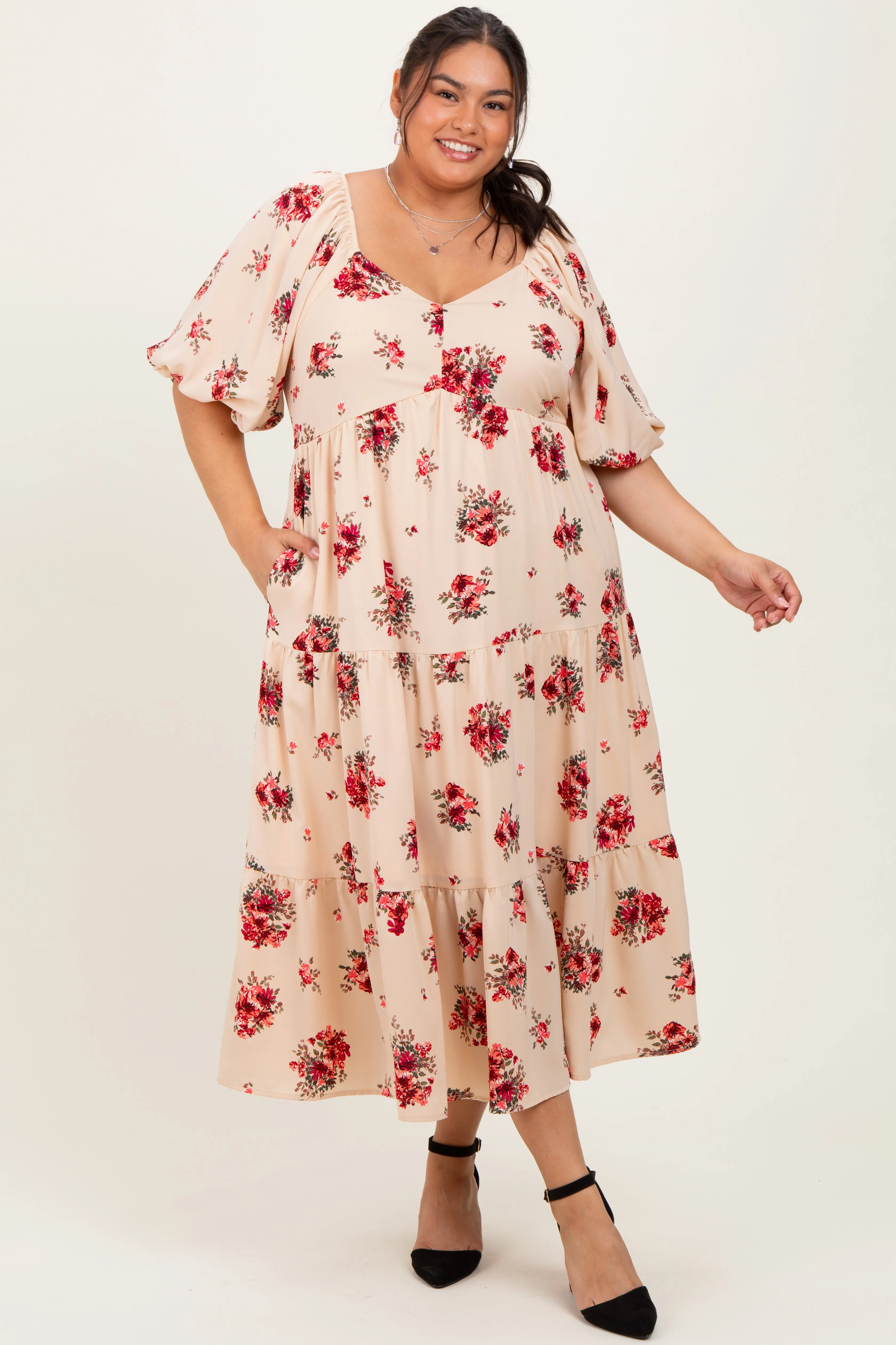 Cream Floral Puff Sleeve Plus Tiered Maxi Dress sold by Pinkblush product image thumbnail 2