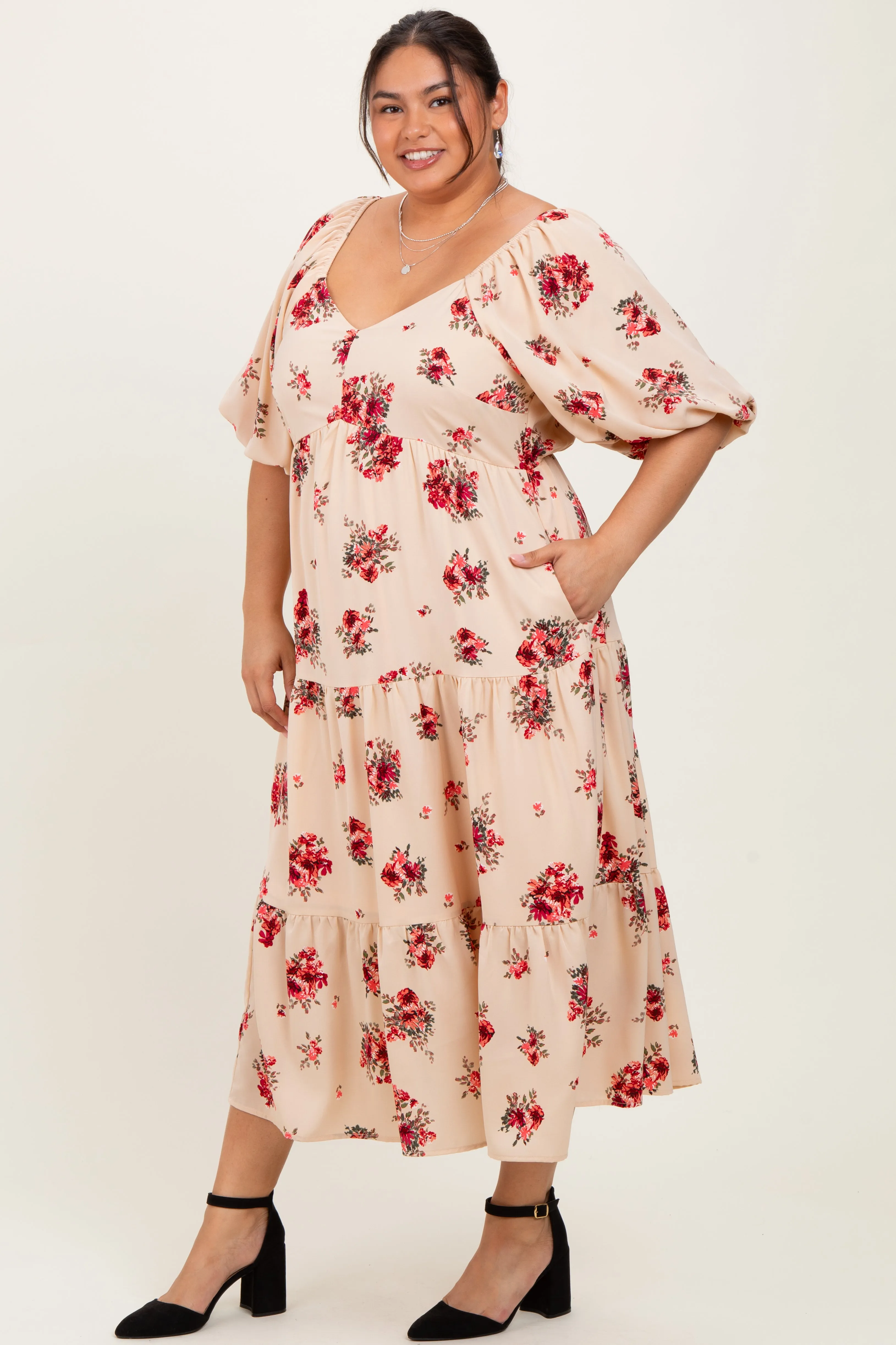 Cream Floral Puff Sleeve Plus Tiered Maxi Dress sold by Pinkblush product image thumbnail 3