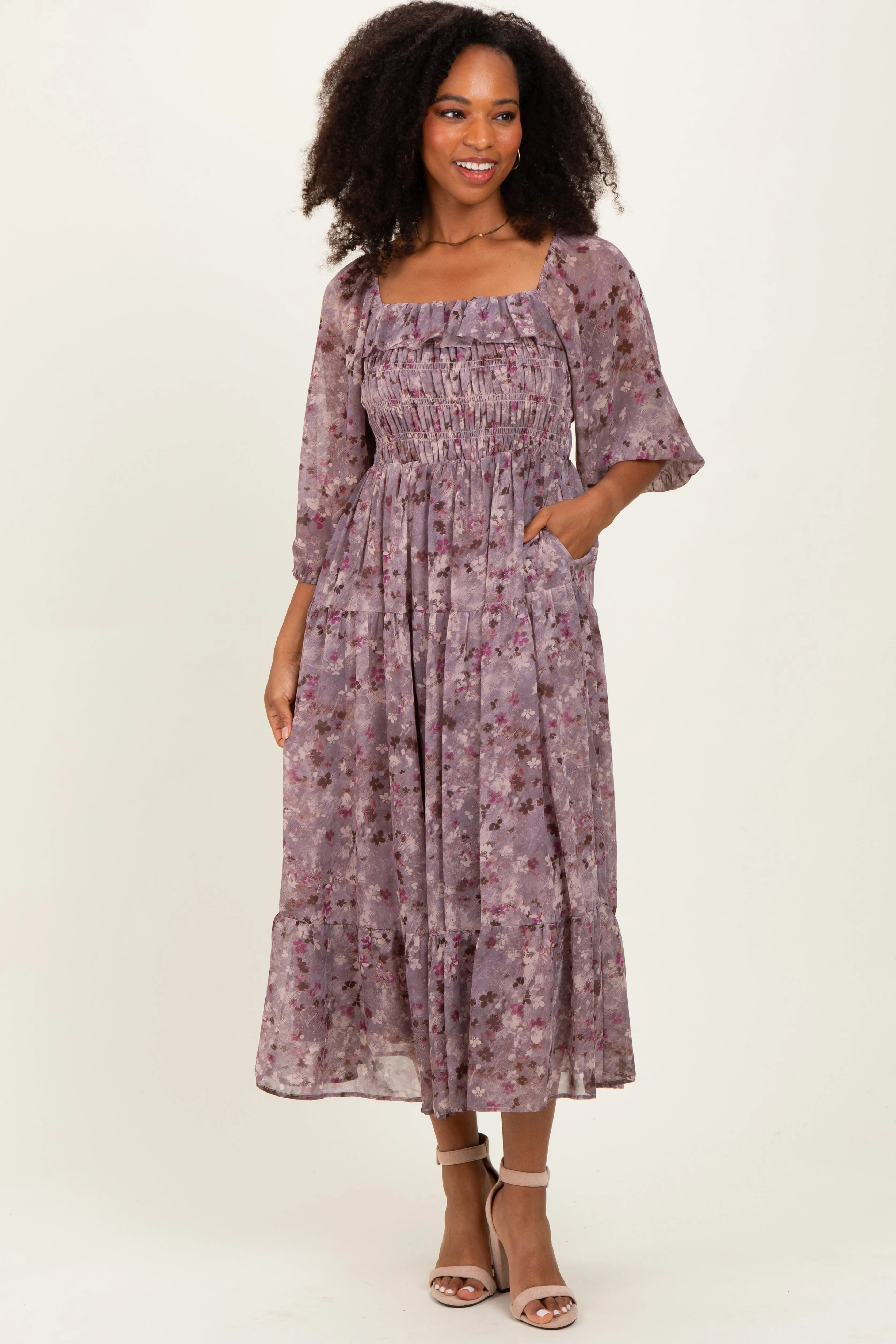 Lavender Floral Square Neck Ruffle Midi Dress sold by Pinkblush product image thumbnail 2