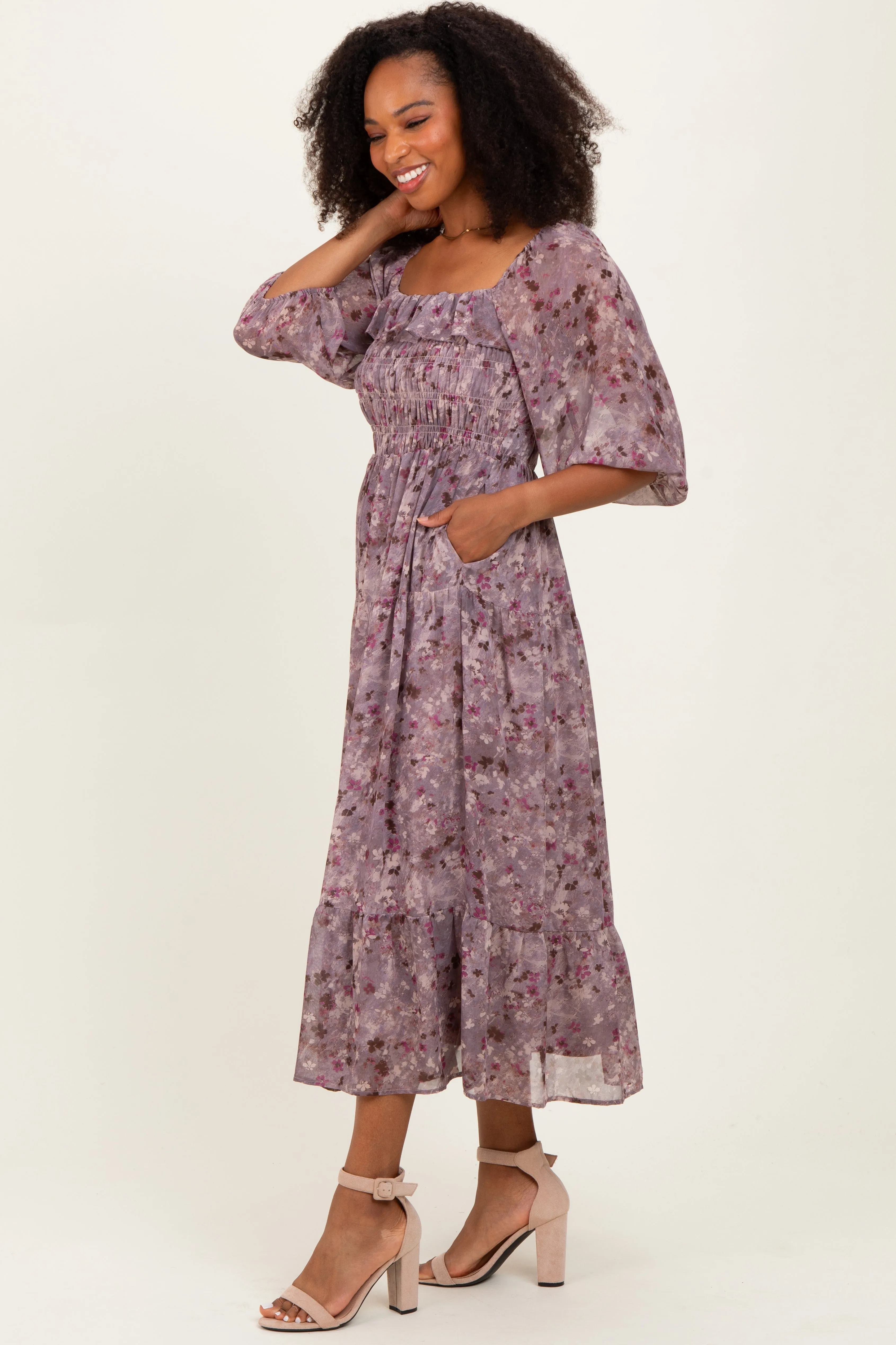 Lavender Floral Square Neck Ruffle Midi Dress sold by Pinkblush product image thumbnail 3