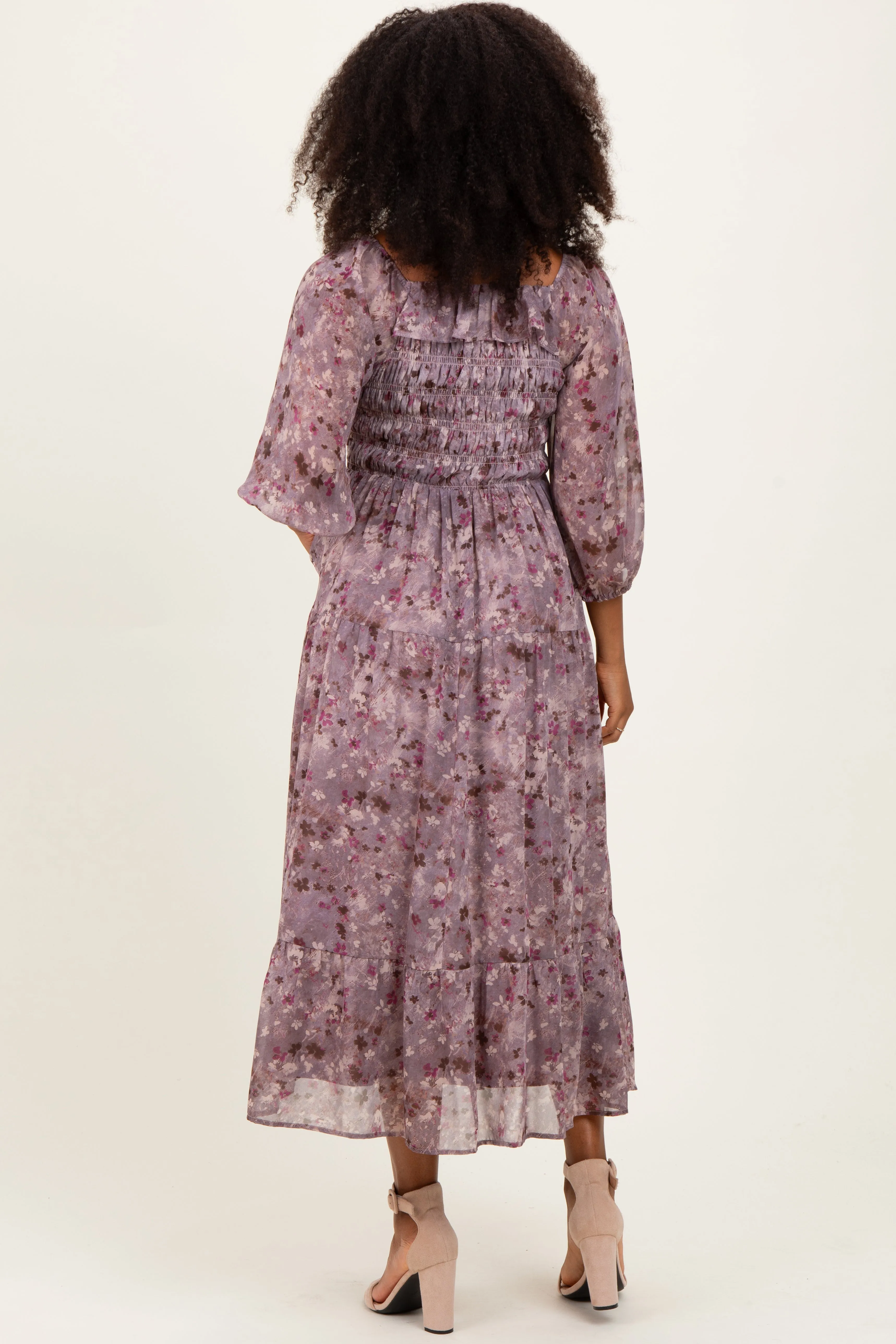 Lavender Floral Square Neck Ruffle Midi Dress sold by Pinkblush product image thumbnail 4