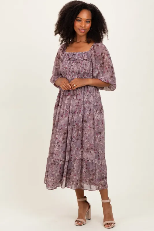 Lavender Floral Square Neck Ruffle Midi Dress sold by Pinkblush