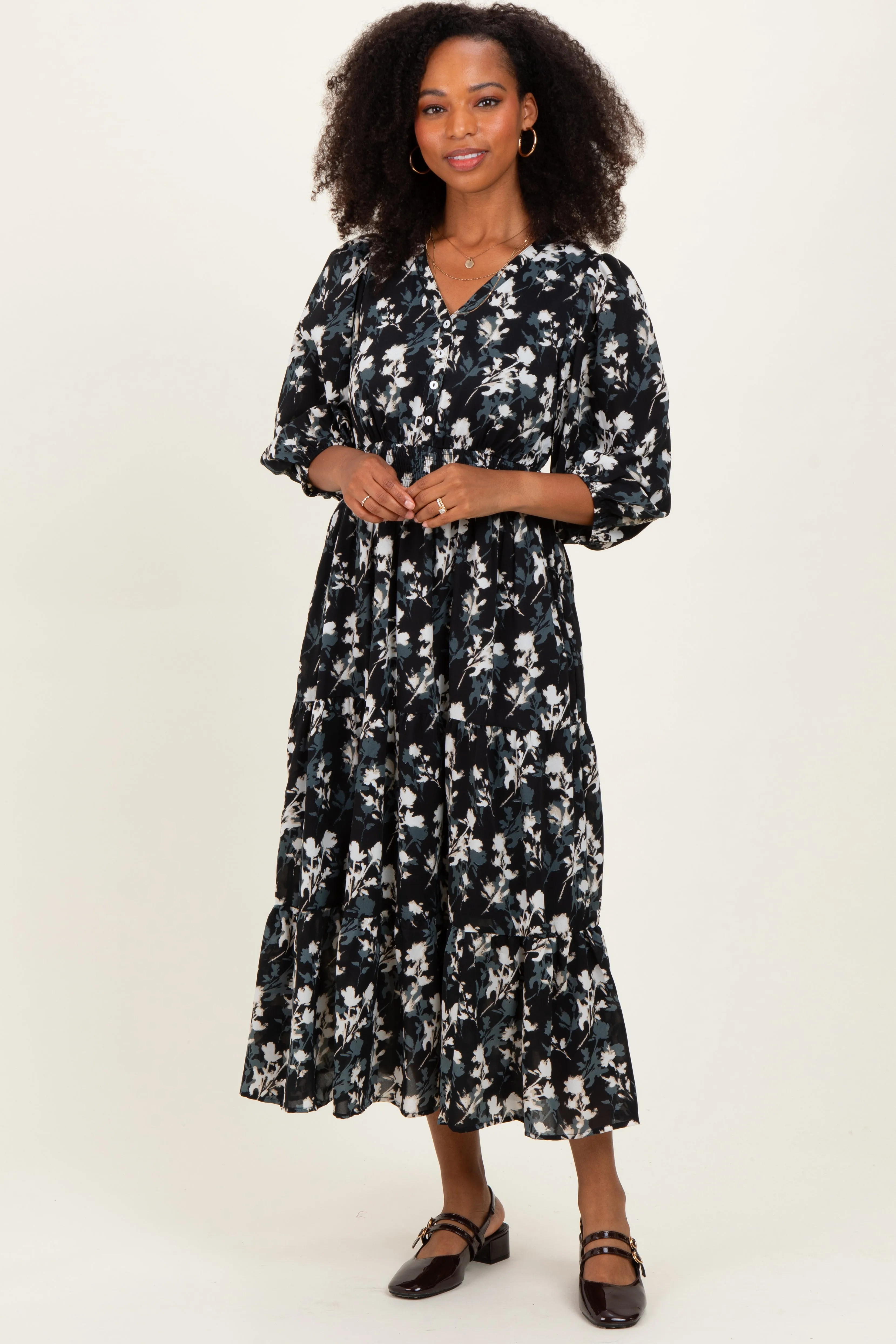 Black Floral Button Front V-Neck Midi Dress sold by Pinkblush product image thumbnail 2