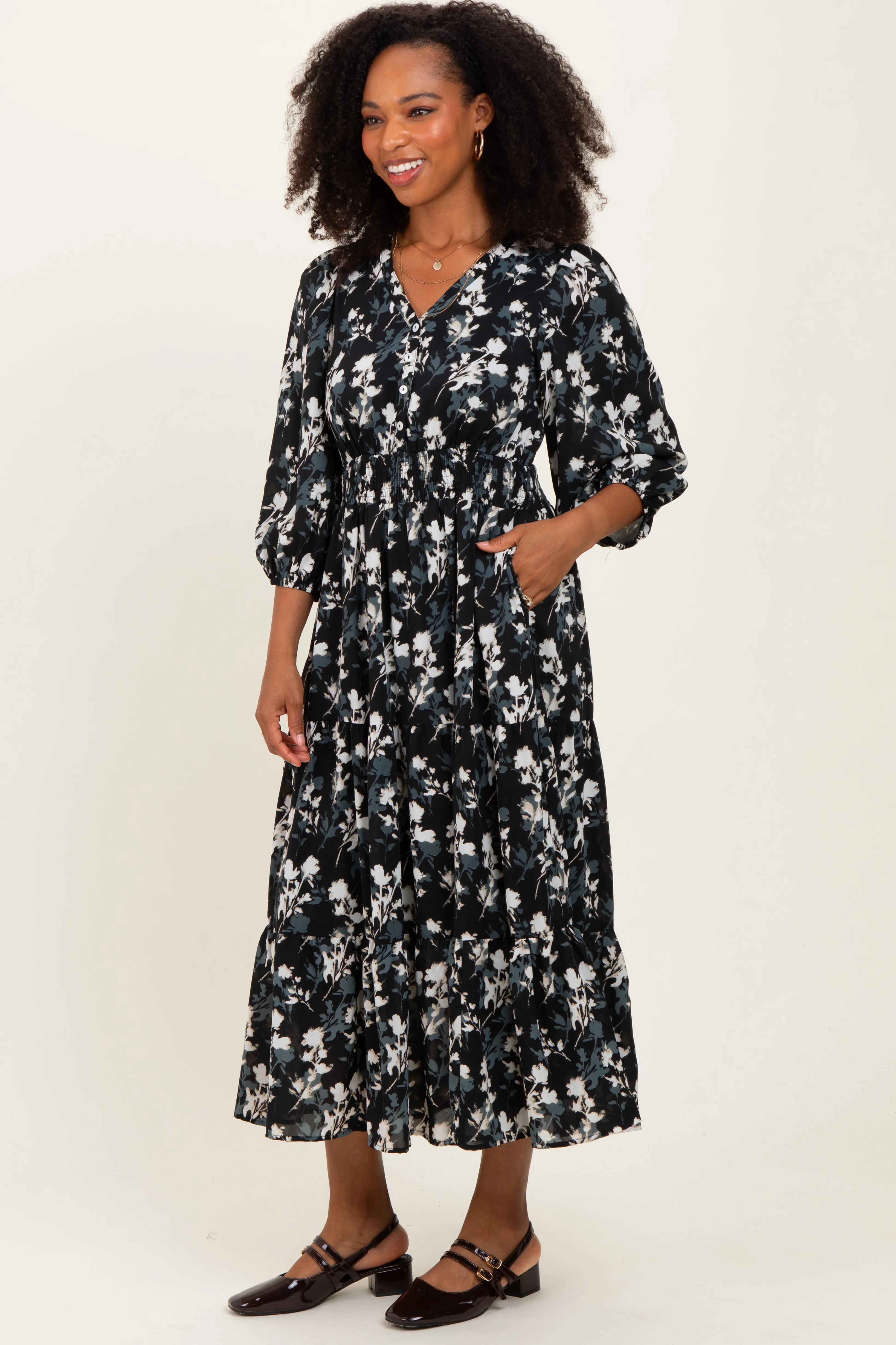 Black Floral Button Front V-Neck Midi Dress sold by Pinkblush product image thumbnail 3