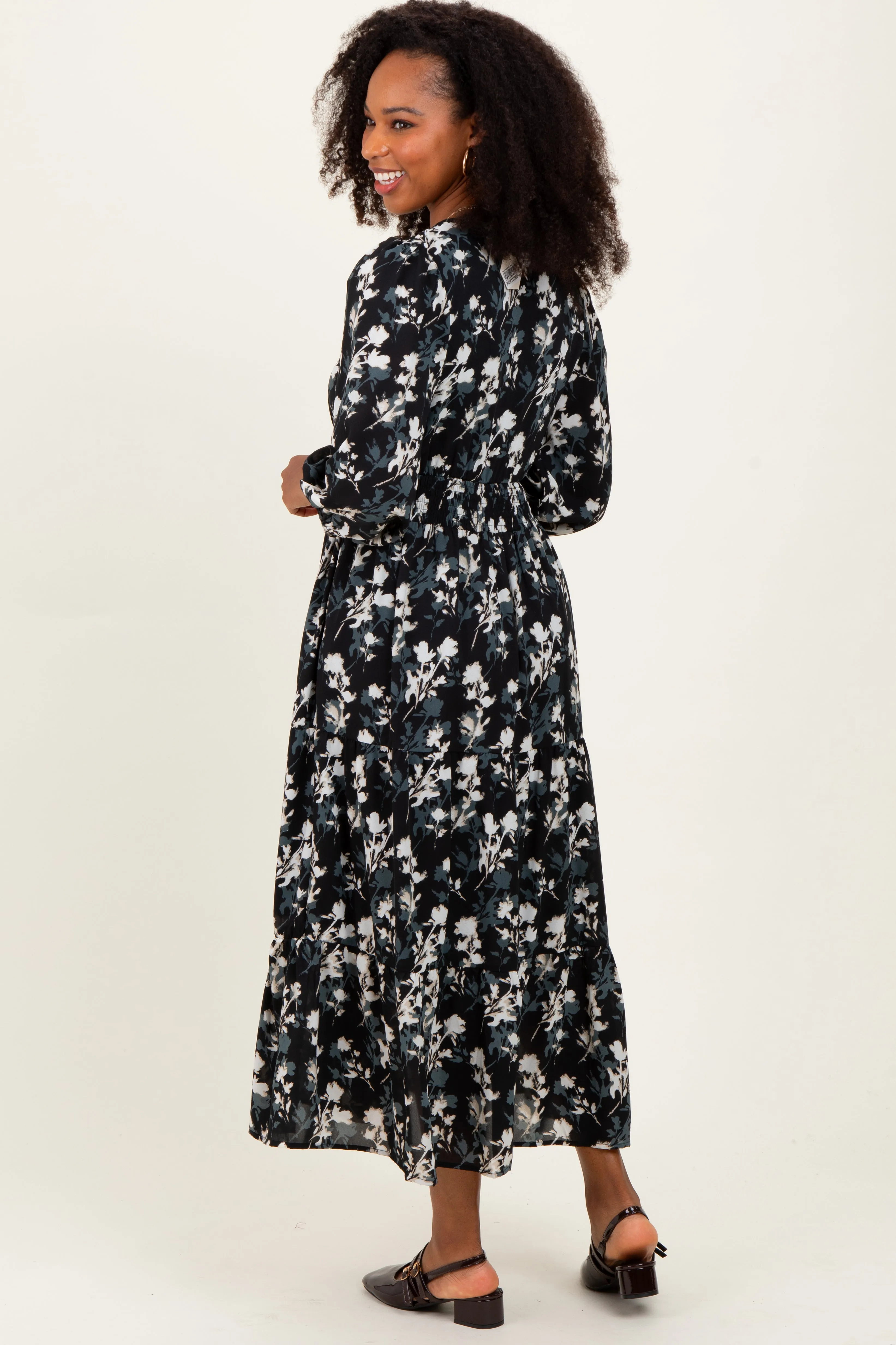 Black Floral Button Front V-Neck Midi Dress sold by Pinkblush product image thumbnail 4