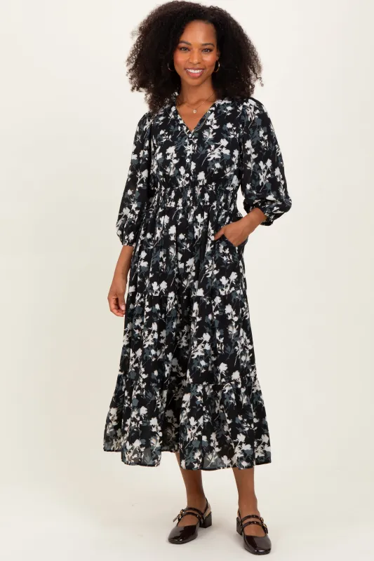 Black Floral Button Front V-Neck Midi Dress sold by Pinkblush