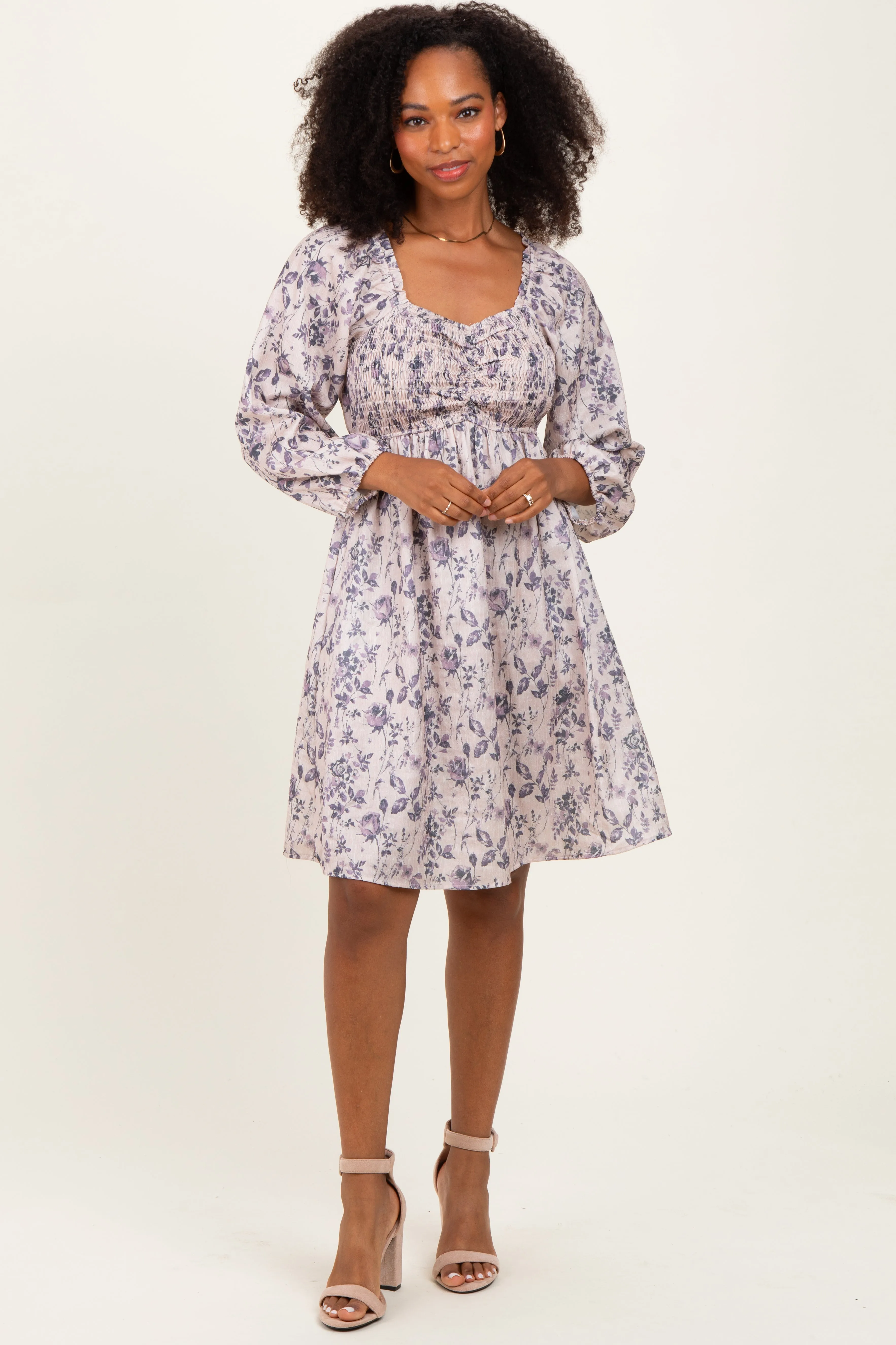 Cream Floral Sweetheart Neck Smocked Dress sold by Pinkblush product image thumbnail 2