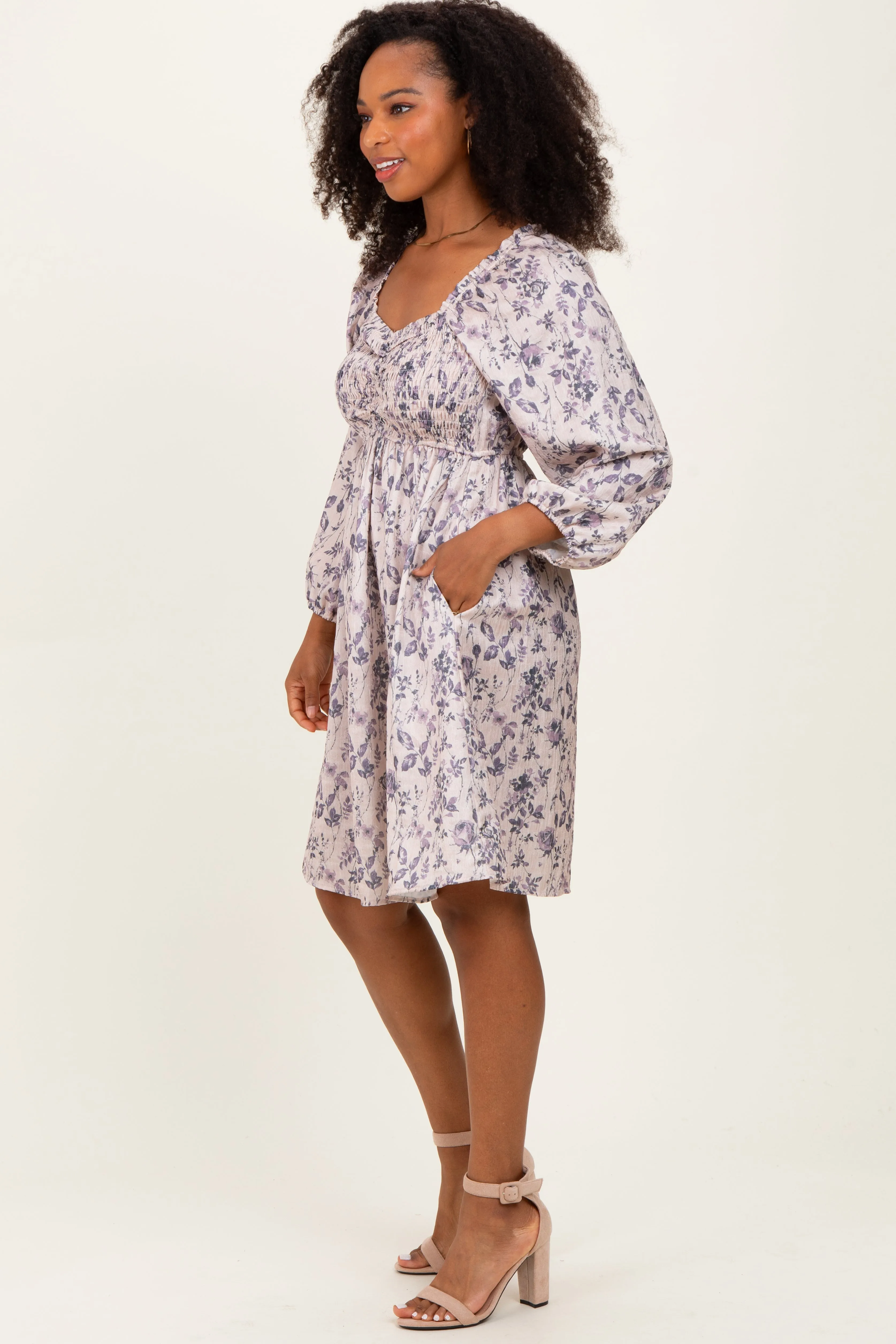 Cream Floral Sweetheart Neck Smocked Dress sold by Pinkblush product image thumbnail 3