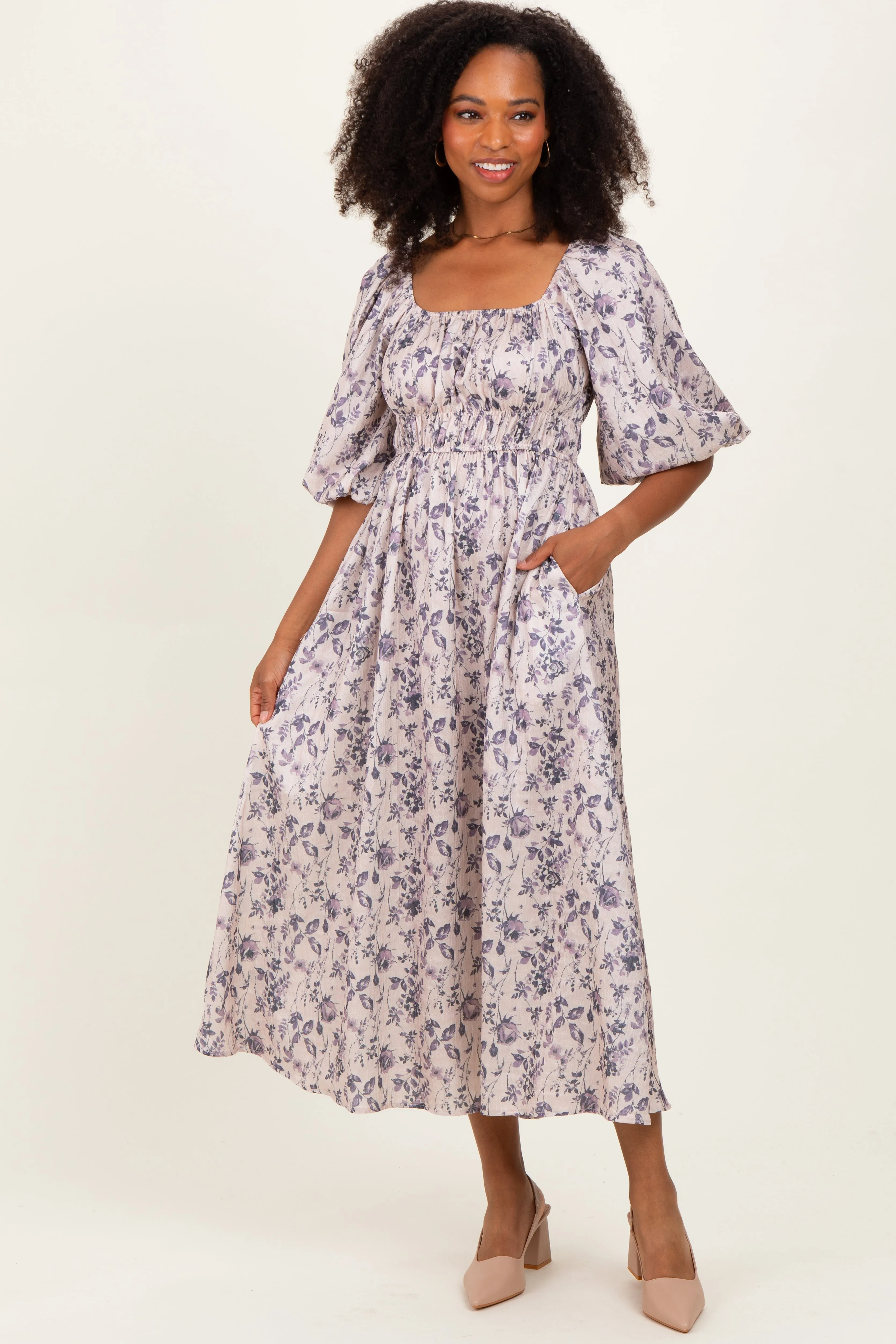 Cream Floral Puff Sleeve Smocked Waist Midi Dress sold by Pinkblush