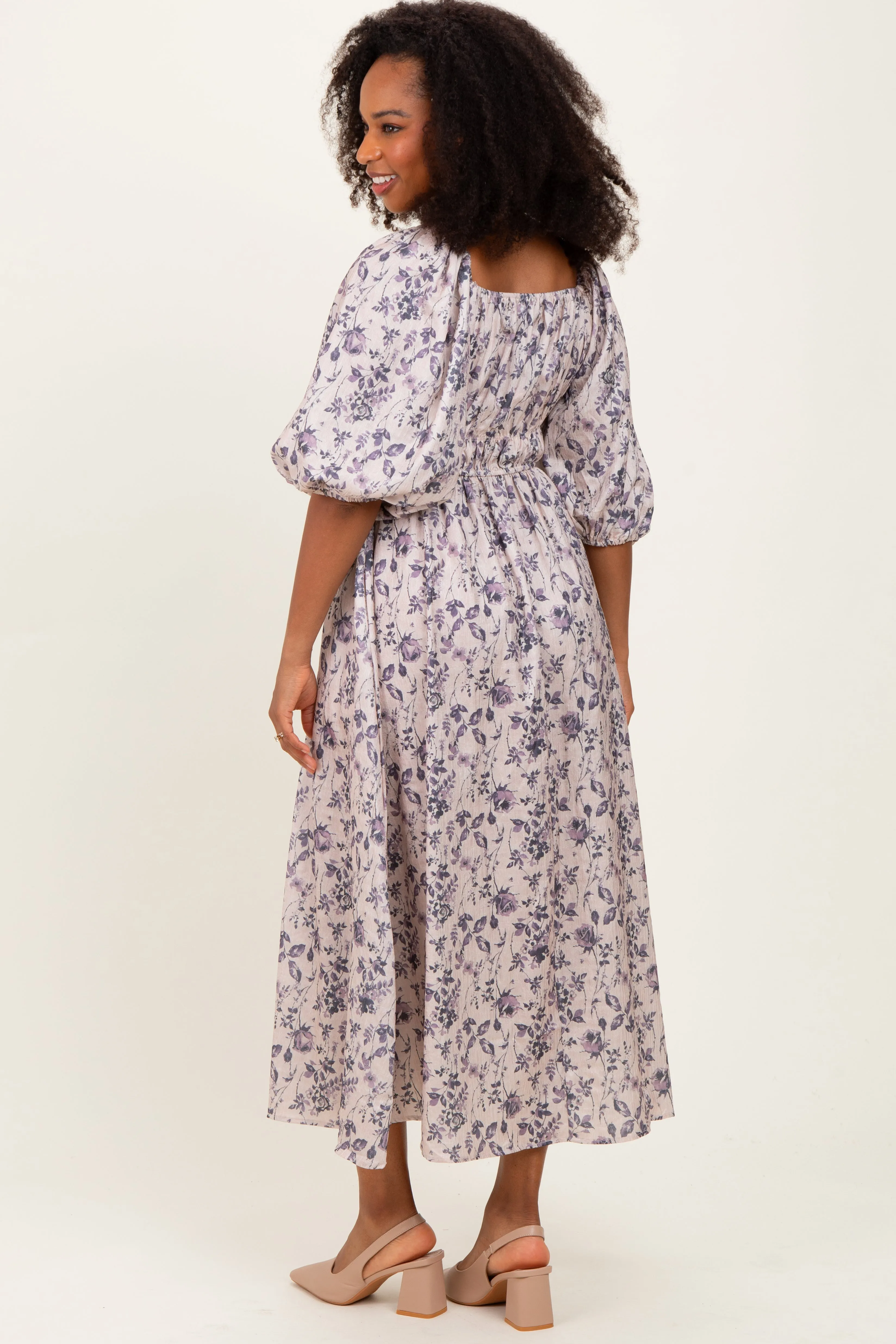 Cream Floral Puff Sleeve Smocked Waist Midi Dress sold by Pinkblush product image thumbnail 3