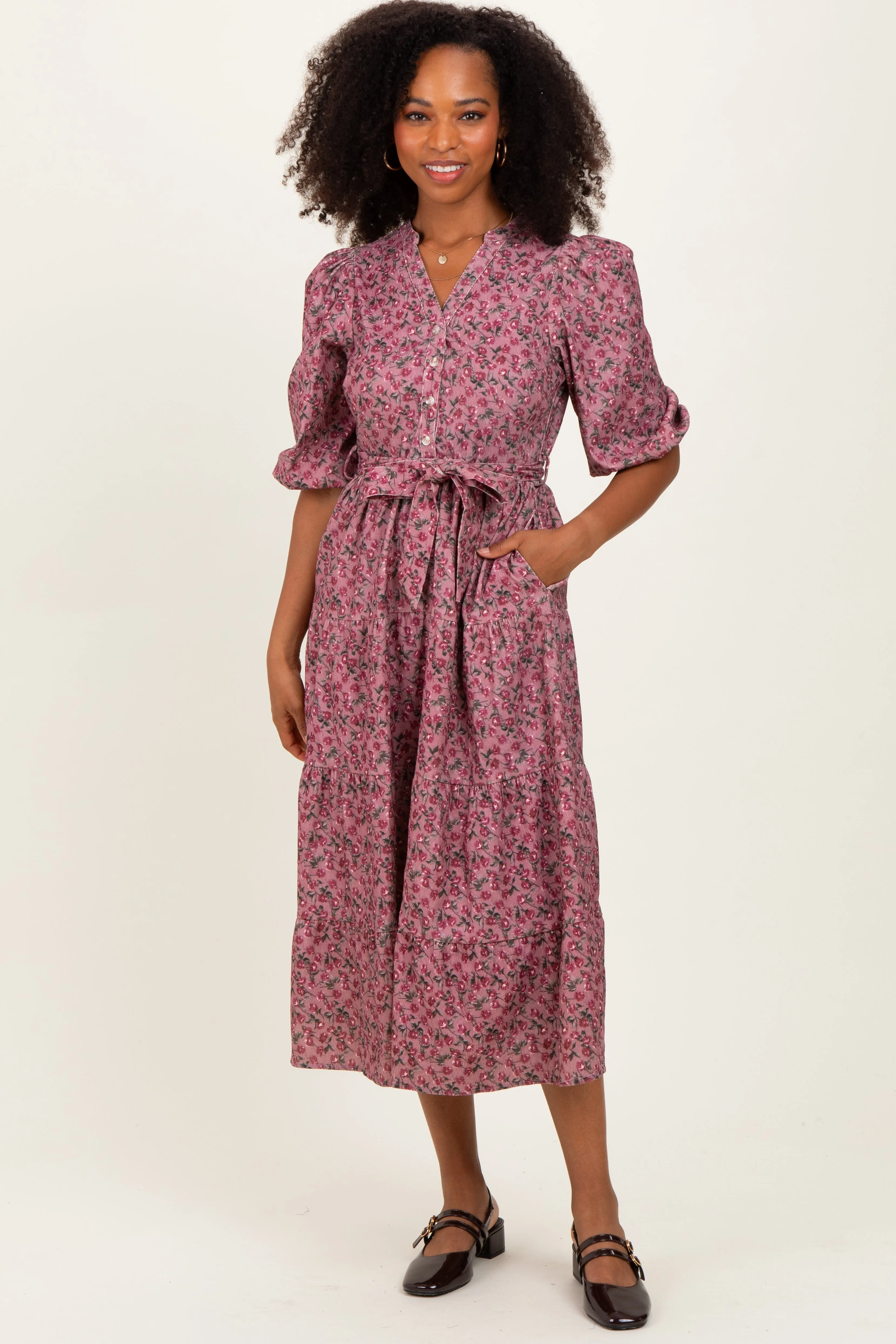 Pink Floral Button Down Front Tie Midi Dress sold by Pinkblush product image thumbnail 2