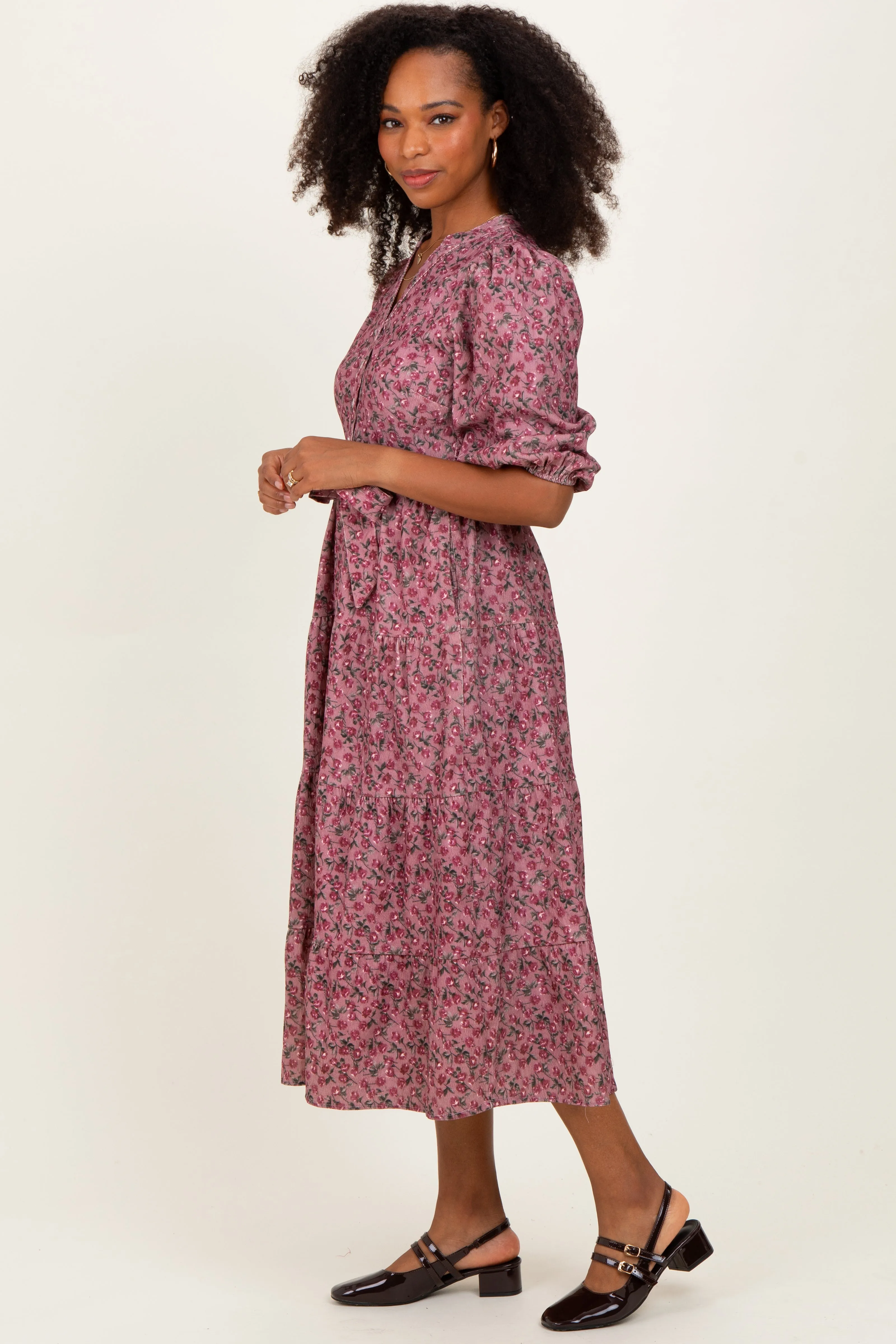 Pink Floral Button Down Front Tie Midi Dress sold by Pinkblush product image thumbnail 3