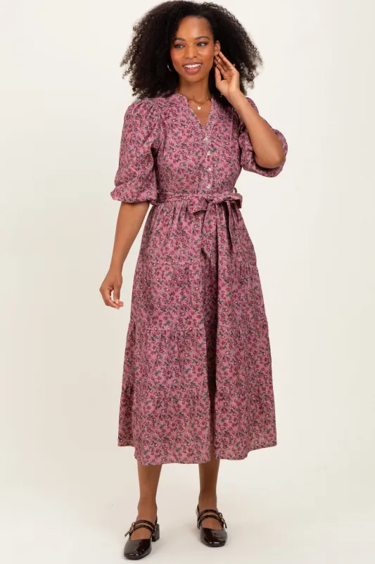 Pink Floral Button Down Front Tie Midi Dress sold by Pinkblush