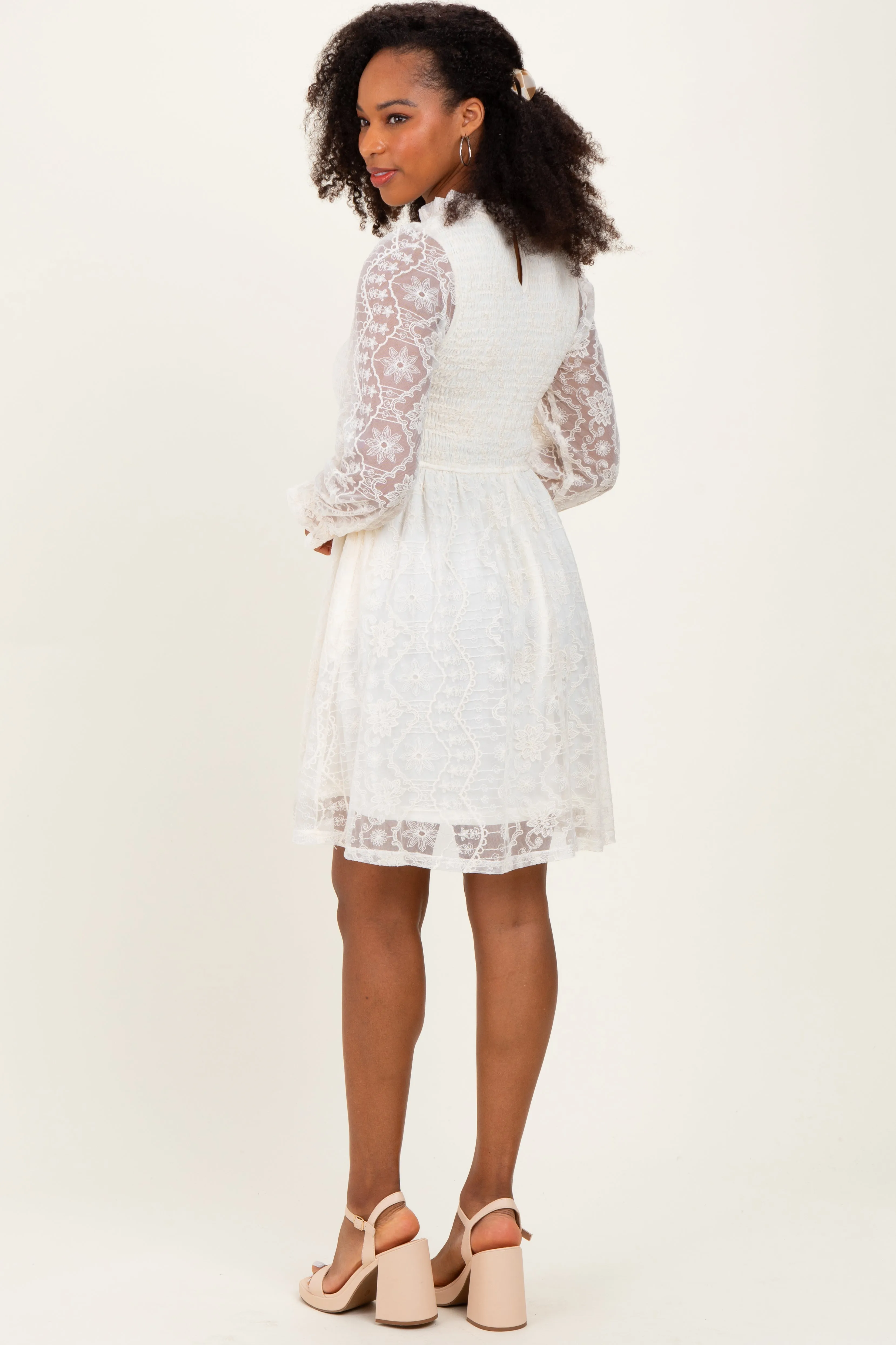 Cream Lace Smocked Long Sleeve Dress sold by Pinkblush product image thumbnail 4