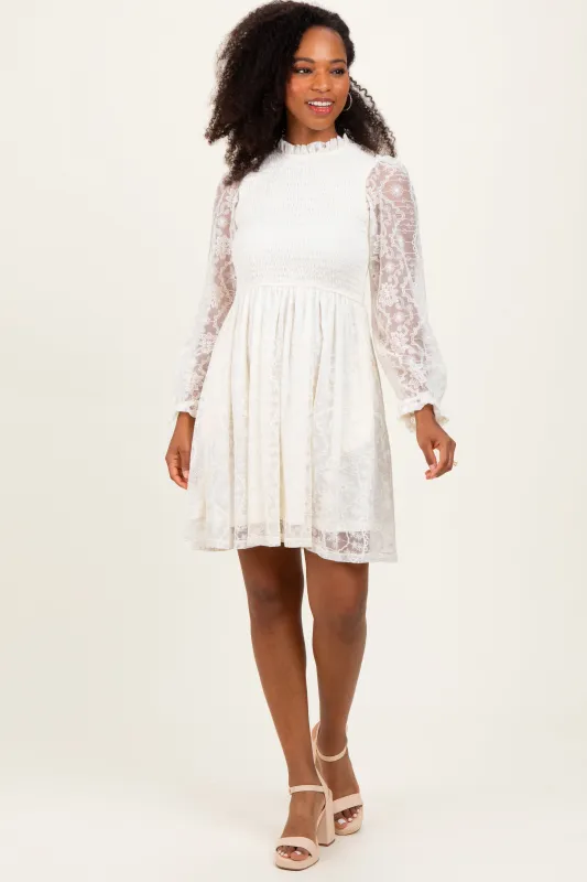 Cream Lace Smocked Long Sleeve Dress sold by Pinkblush