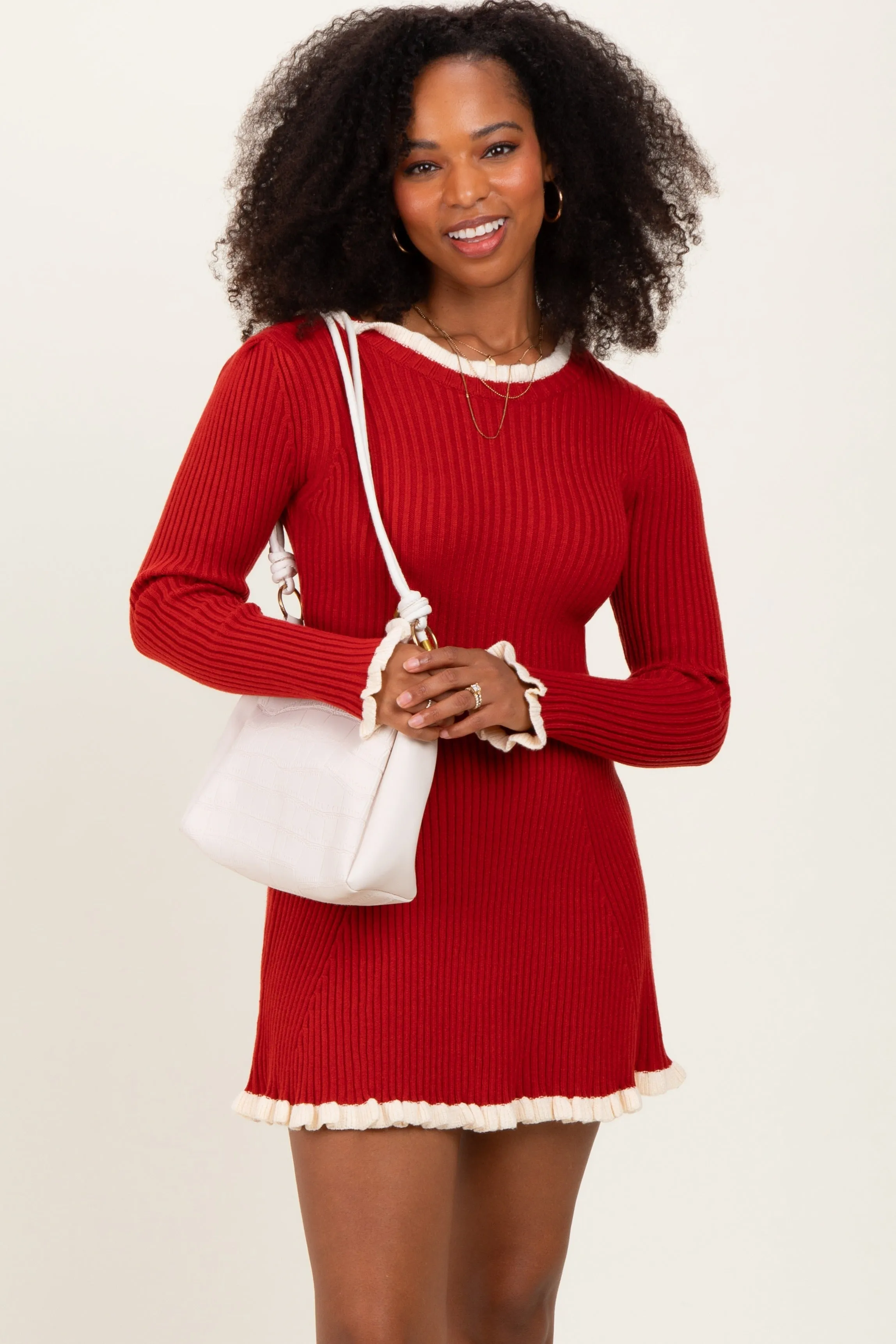 Red Ribbed Knit Contrast Ruffle Trim Mini Dress sold by Pinkblush