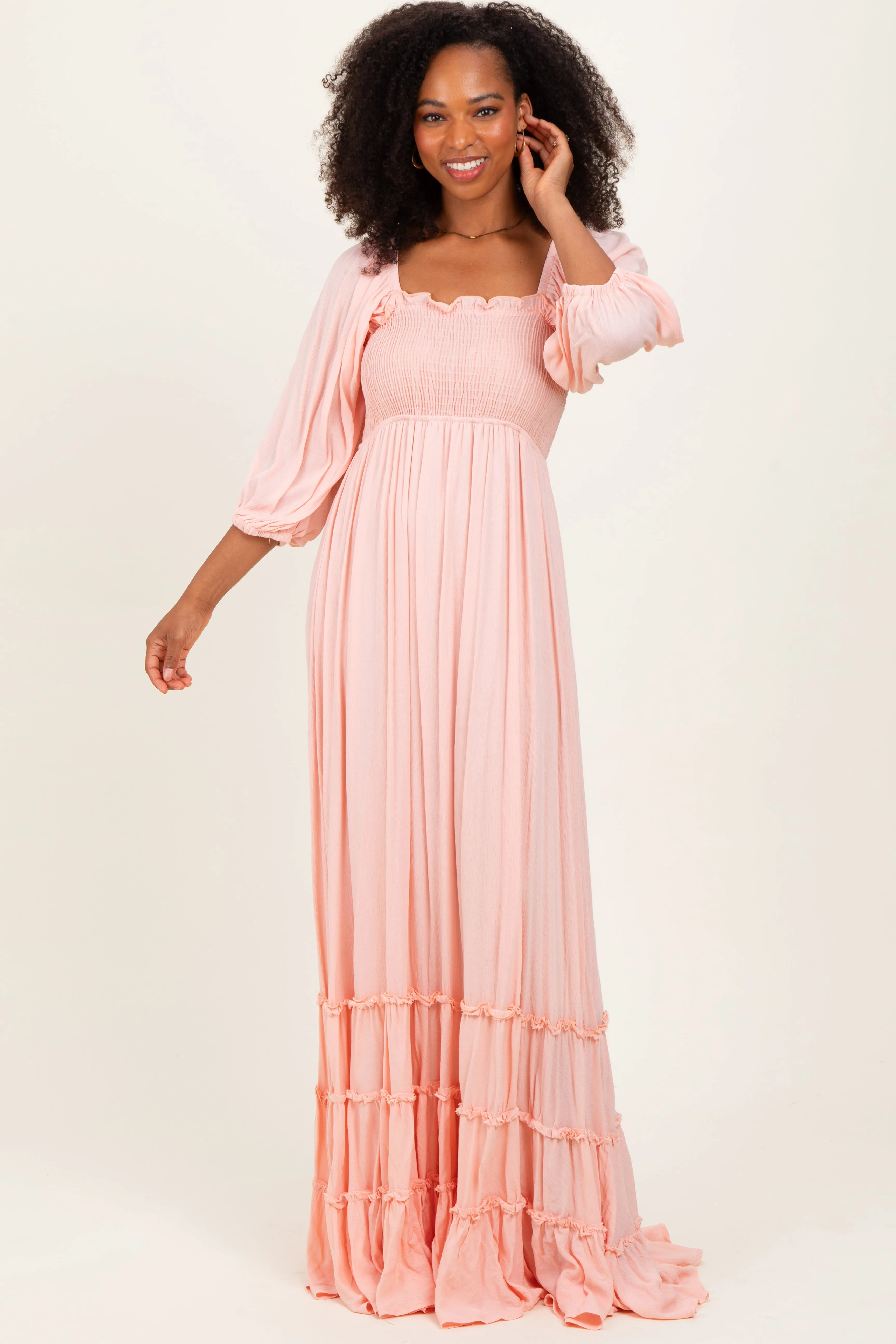 Light Pink Solid 3/4 Sleeve Smocked Top Tiered Maxi Dress sold by Pinkblush product image thumbnail 2