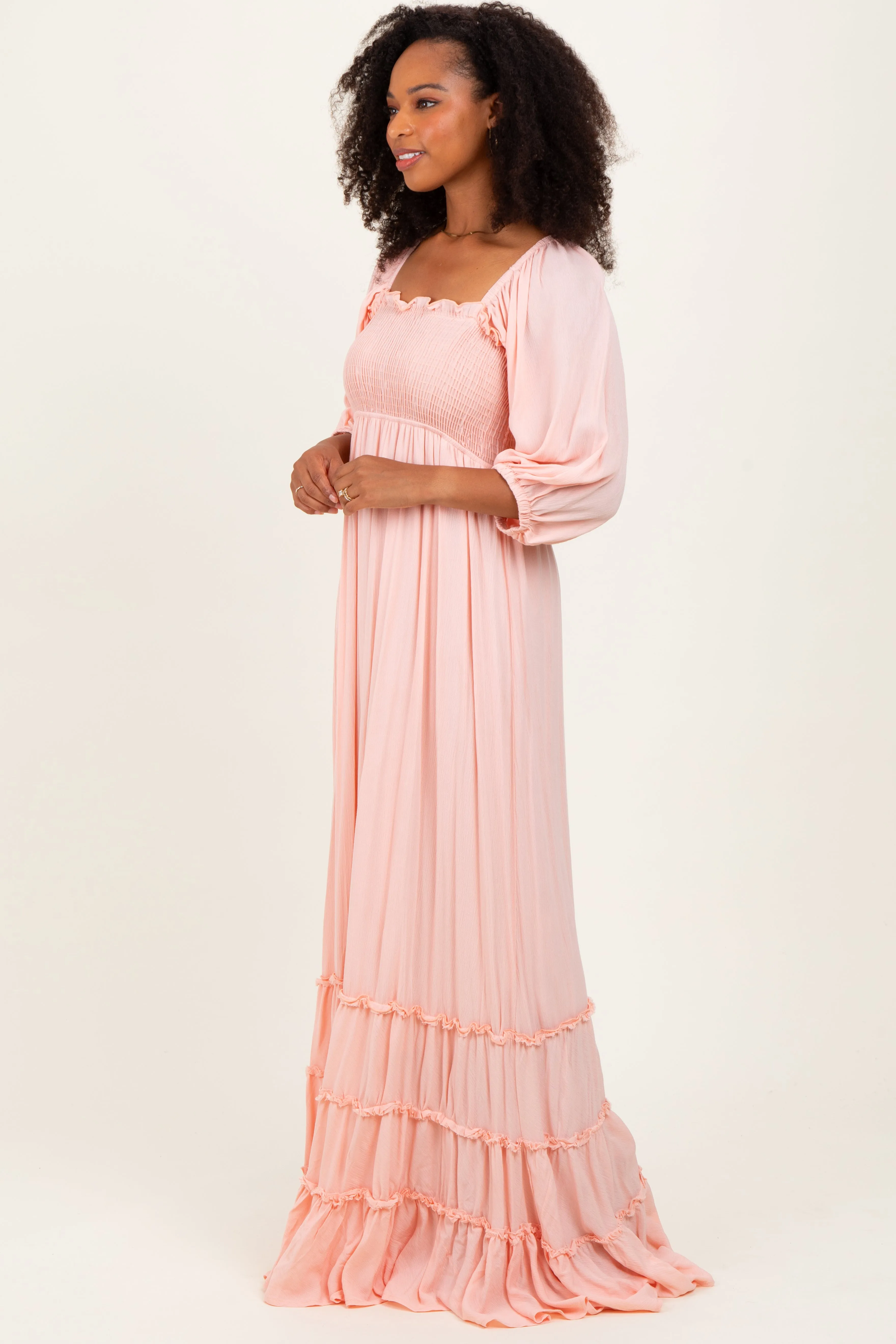 Light Pink Solid 3/4 Sleeve Smocked Top Tiered Maxi Dress sold by Pinkblush product image thumbnail 3